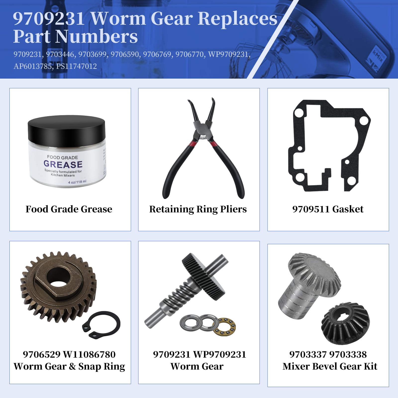 KitchenAid Mixer Worm Gear Replacement Kit - Compatible with 5qt & 6qt Stand Mixers (Fits Models 9706529, 9709511, 9703337, 9709231) - Durable Worm Follower Gear Set for Smooth Mixing - Perfect for Baking, Dough Kneading & Food Preparation
