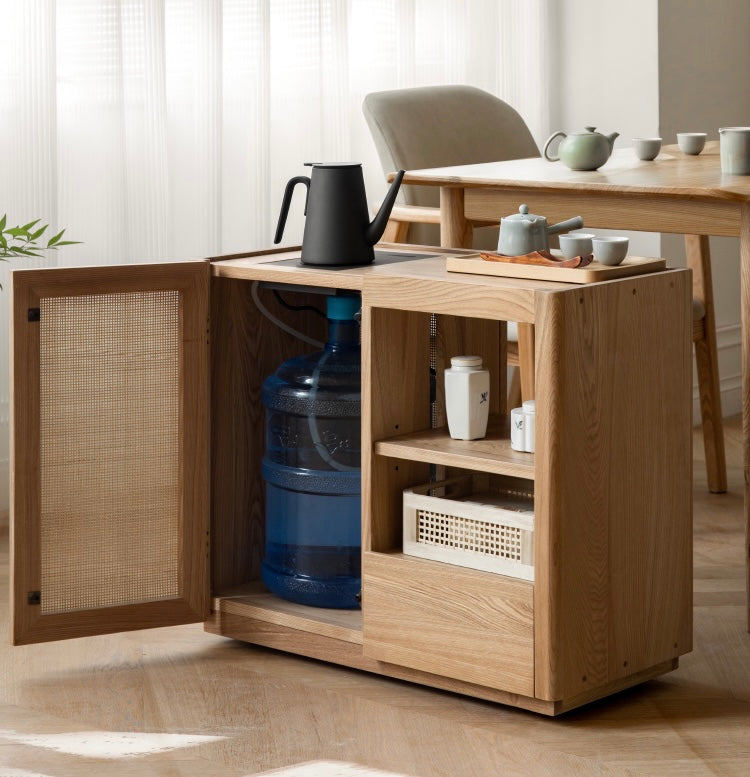 Solid Oak and Ash Wood Tea Maker Mobile Side Cabinet - Portable Side Table for Living Room, Bedroom, or Office