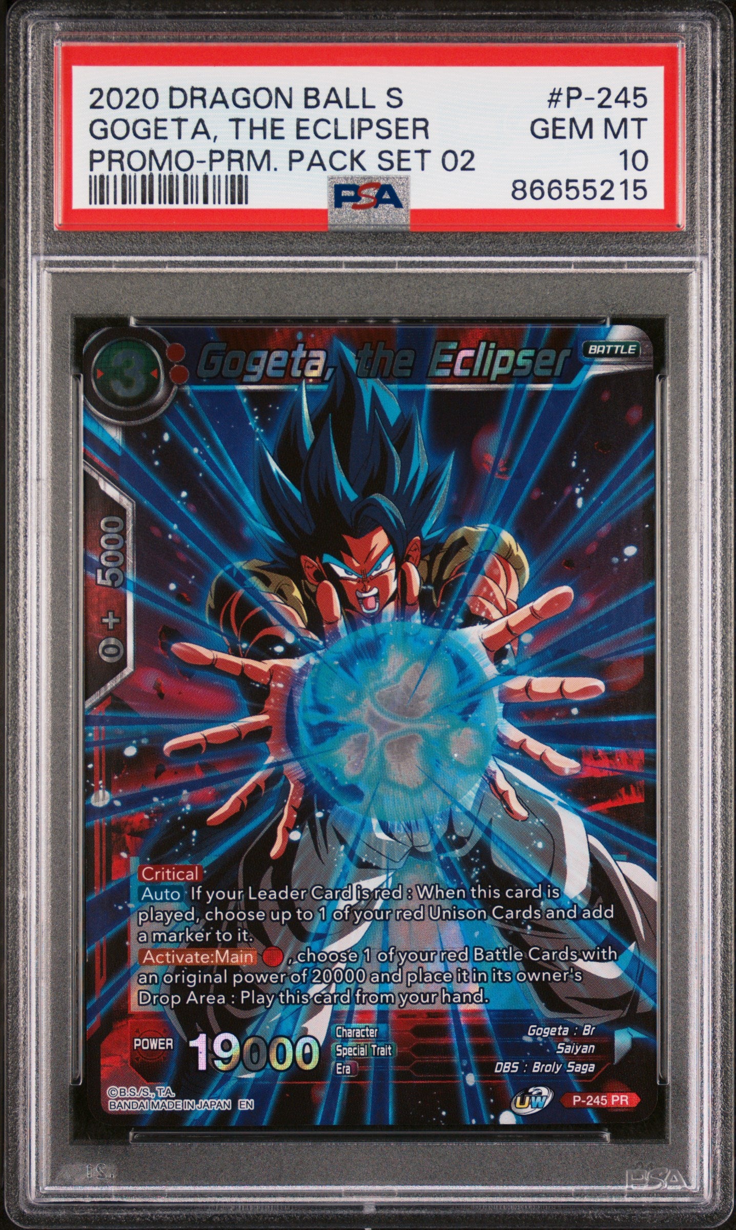 2020 Dragon Ball Super Gogeta The Eclimser #P245 PSA 10 Graded Card - Perfect for Collectors, Anime Fans & Investment - Display in Home Office, Game Room or Collection Showcase