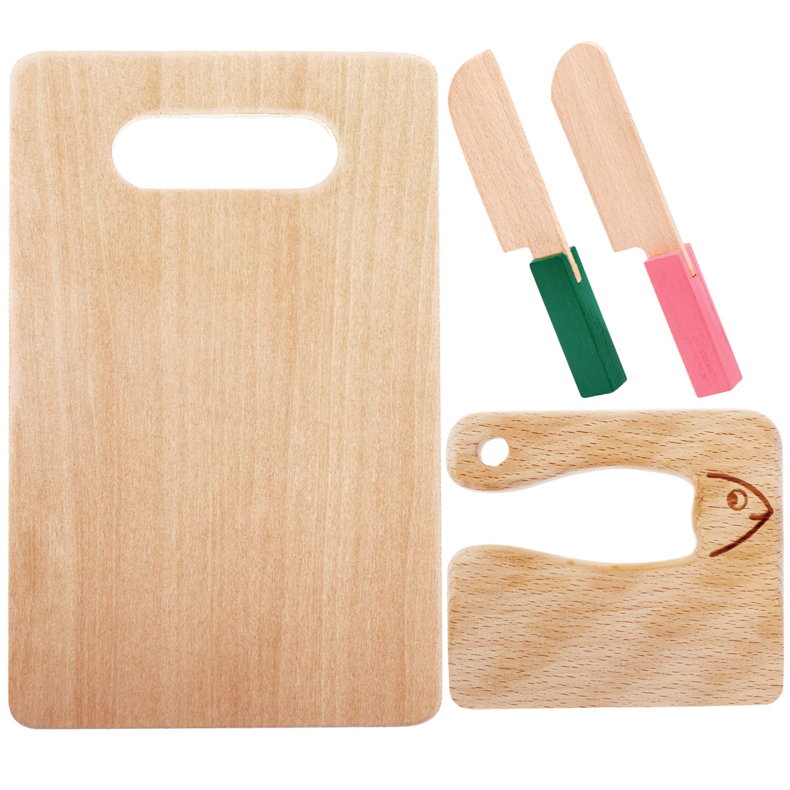 VAIPI 4-Piece Wooden Kids Knife Set - Safe Cooking Utensils for Children with Rectangle Cutting Board - Perfect for Chopping Veggies, Lettuce, Fruits, Salad & Cake - Ideal for Kids Kitchen Play & Early Cooking Skills Development