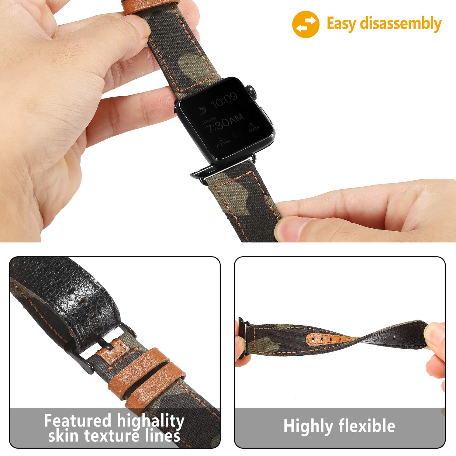 Premium Genuine Leather Bands for Apple Watch - Compatible with Series Ultra/SE/8/7/6/5/4/3/2/1 (38mm-49mm) - Classic Canvas & Leather Straps with Metal Clasp for Men & Women - Perfect for Workouts, Office & Everyday Wear