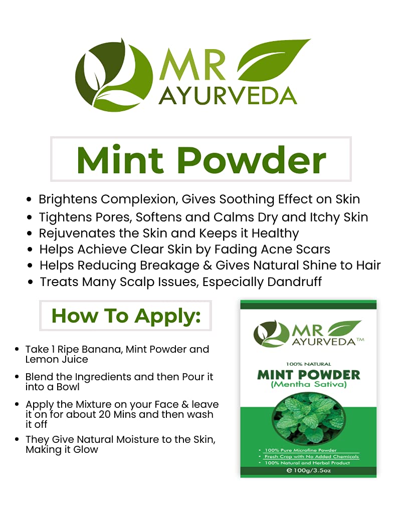 Organic Mint Powder for Face & Hair - 100% Natural Pudina Powder for Skin Care & Hair Growth | No Added Chemicals | 100g | MR Ayurveda | Use for DIY Face Masks, Hair Treatments & Ayurvedic Remedies