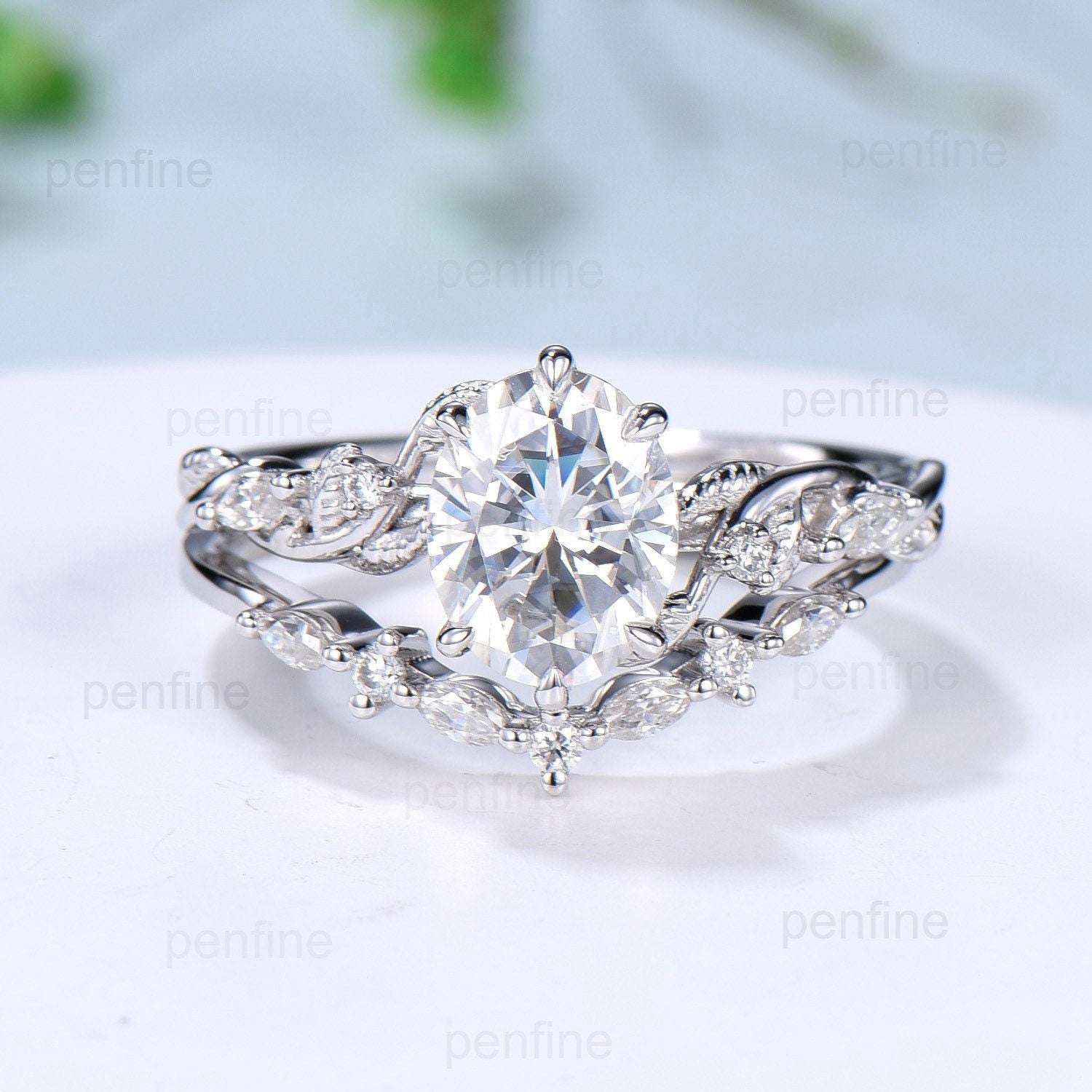2Ct 7x9mm Oval Moissanite Engagement Ring Set - Nature Inspired Rose Gold Leaf Vine Wedding Band - Handmade Proposal Gift for Her - Perfect for Anniversary, Valentine's Day & Bridal Jewelry