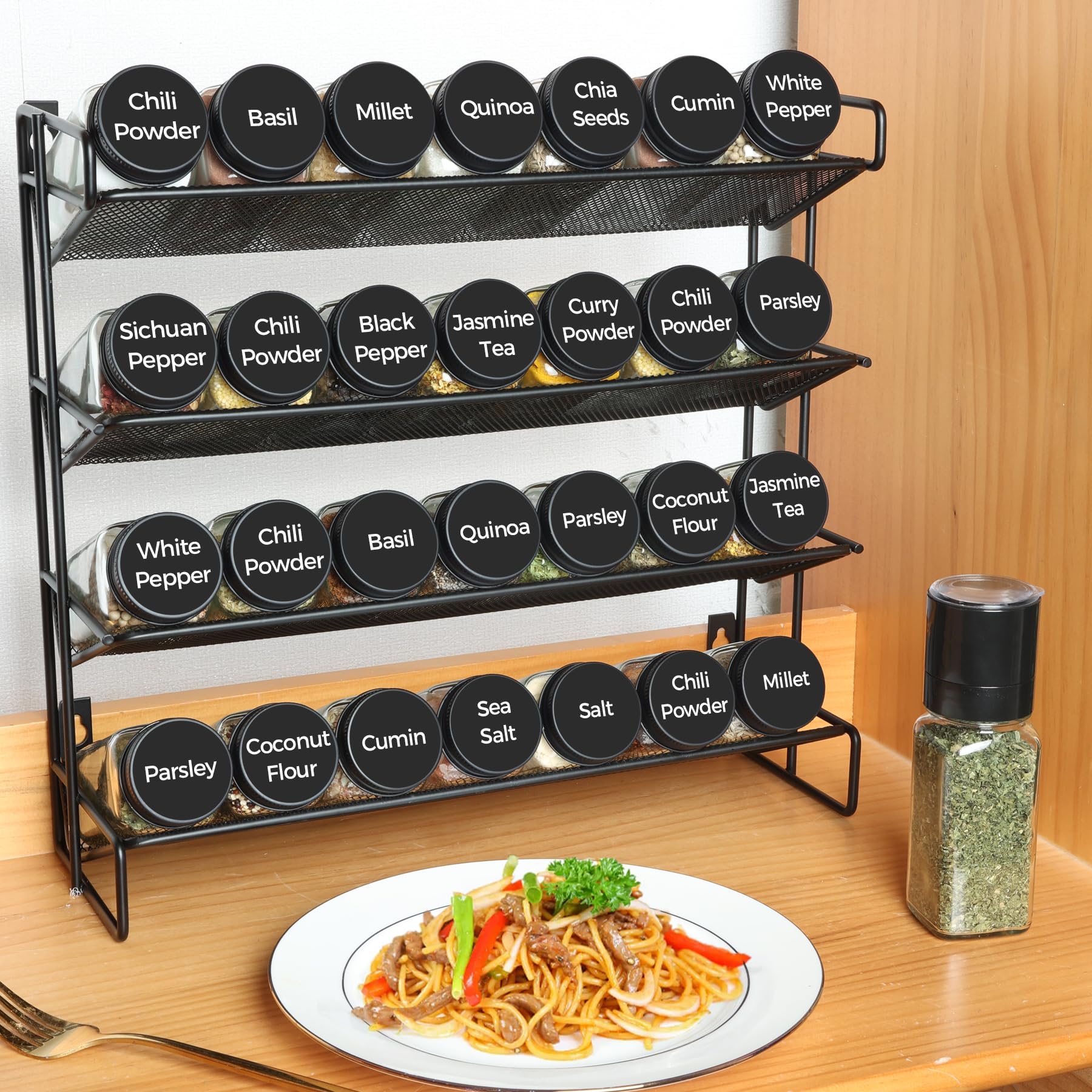 ComSaf 24-Piece 4oz Glass Spice Jars Set with Shaker Lids - Includes 93 Labels, Handy Funnel, Pepper Grinder & Square Spice Bottles - Perfect for Kitchen Organization, Seasoning Storage & DIY Spice Blends