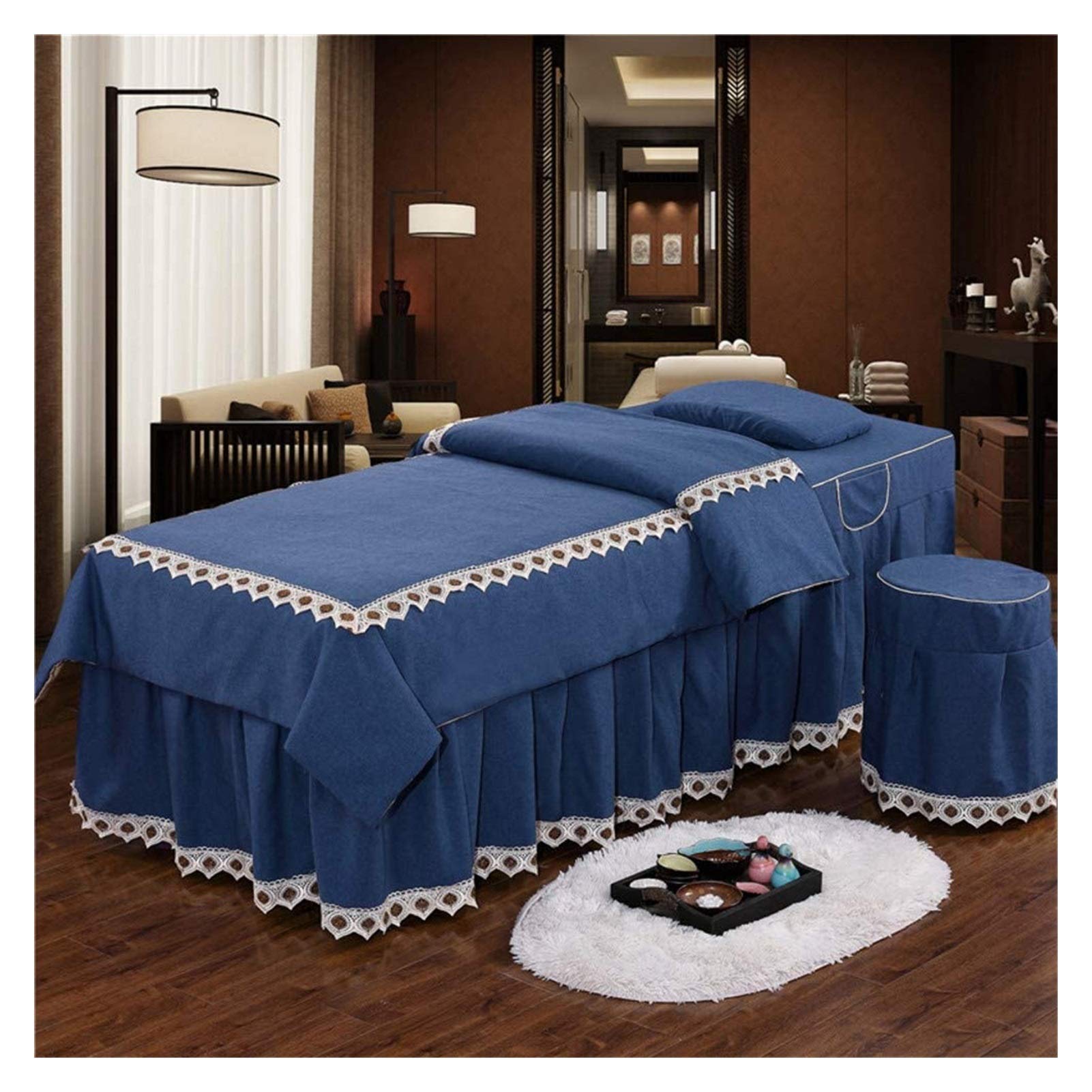 Premium 4-Piece Massage Table Sheets Set - Soft Solid Color Embroidery Bed Cover with Stool Cover for Salon, Hotel & SPA | Durable, Comfortable & Easy to Clean for Professional Massage Therapy & Beauty Treatments