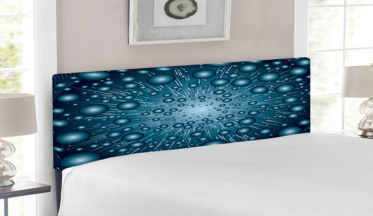 Ambesonne Fantasy Headboard - Digital Art Futuristic Dots & Galaxy Design, Upholstered Metal Bed Headboard with Memory Foam, Queen Size, Petrol Blue - Perfect for Modern Bedrooms, Space-Themed Decor & Sci-Fi Enthusiasts