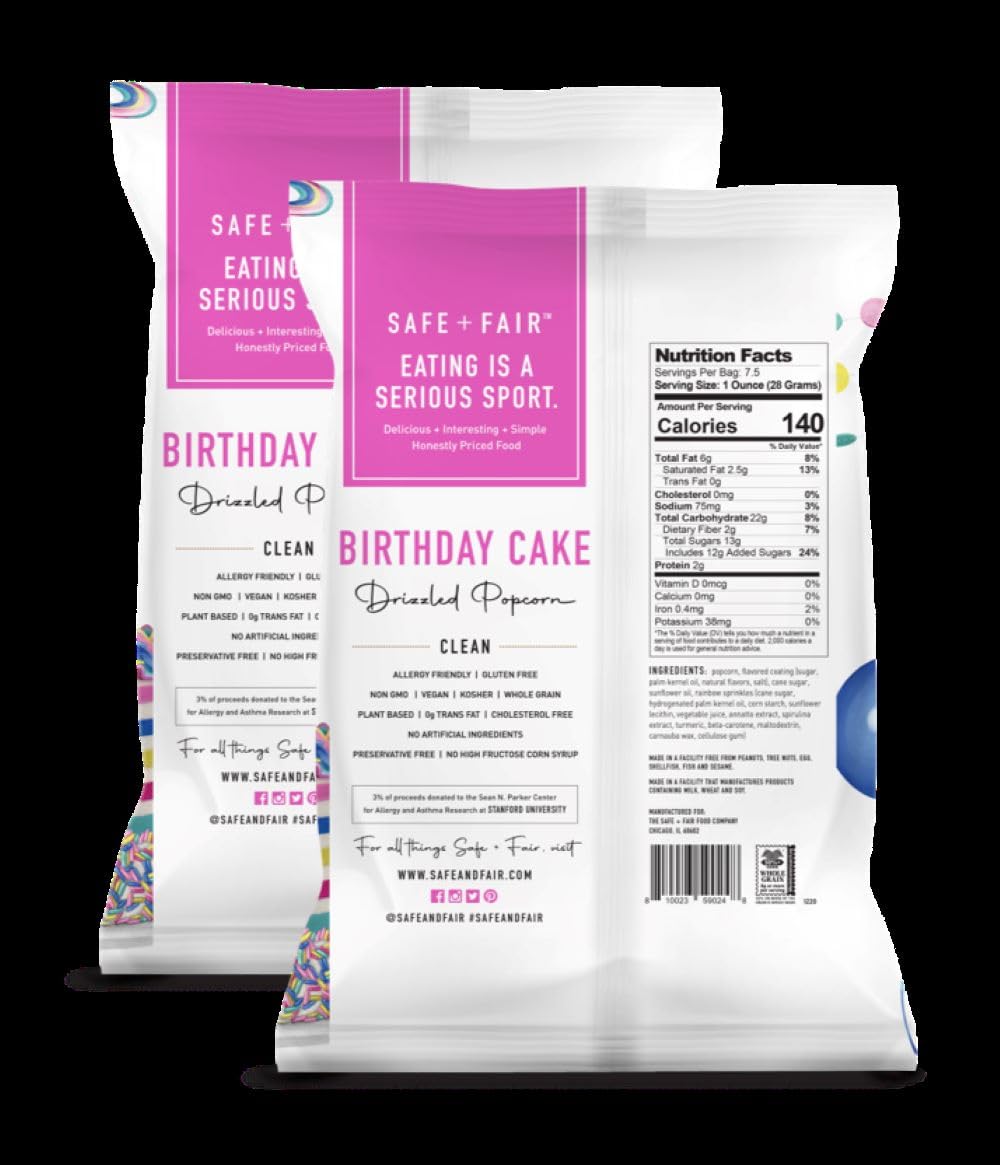 Safe + Fair Birthday Cake Drizzled Popcorn - Gluten-Free, Dairy-Free Vegan Snack - Non-GMO, Plant-Based Kettle Popped Corn (5.5 oz) - Free From Top 9 Allergens & Artificial Ingredients - Perfect for Birthday Parties, Movie Nights & Healthy Snacking