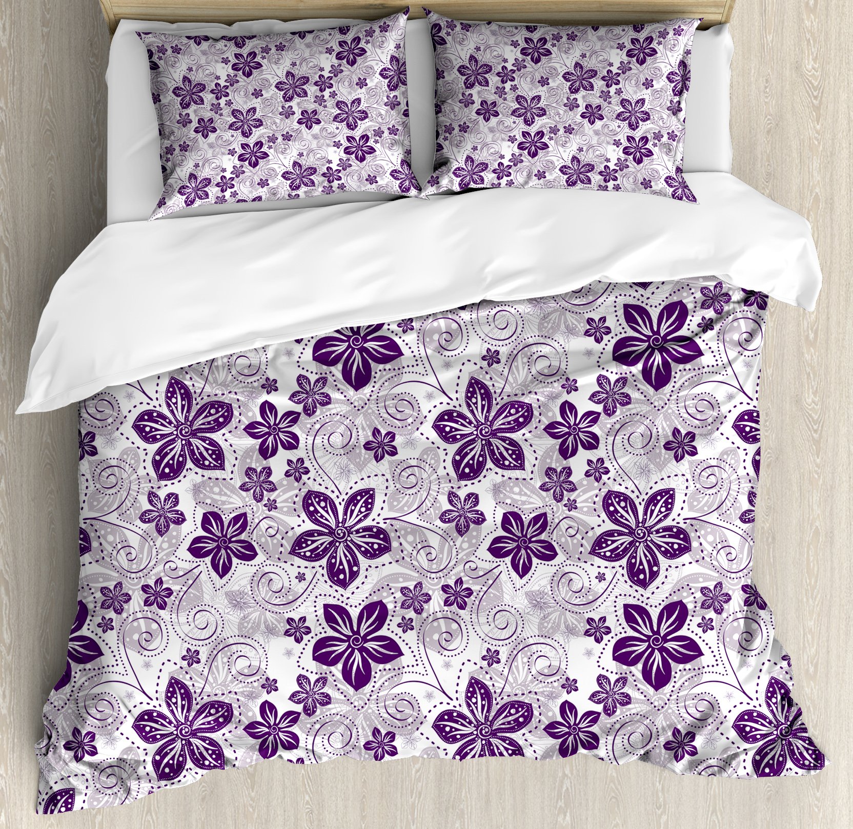 Lunarable Violet Duvet Cover Set King Size - Abstract Floral Geometric Design with Swirls & Dots, 3-Piece Plum & White Bedding Includes 2 Pillow Shams | Perfect for Modern Bedroom Decor, Guest Rooms & Cozy Master Suites