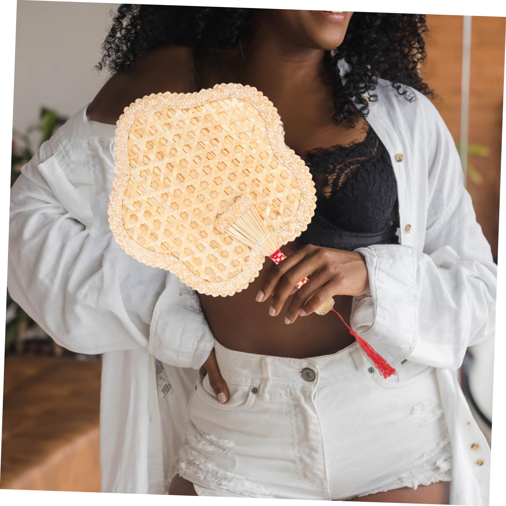ABOOFAN Natural Hand Fan - Chinese Woven Straw Handheld Cooling Fan with Handle for Wedding, Photo Props & Summer Outdoor Use