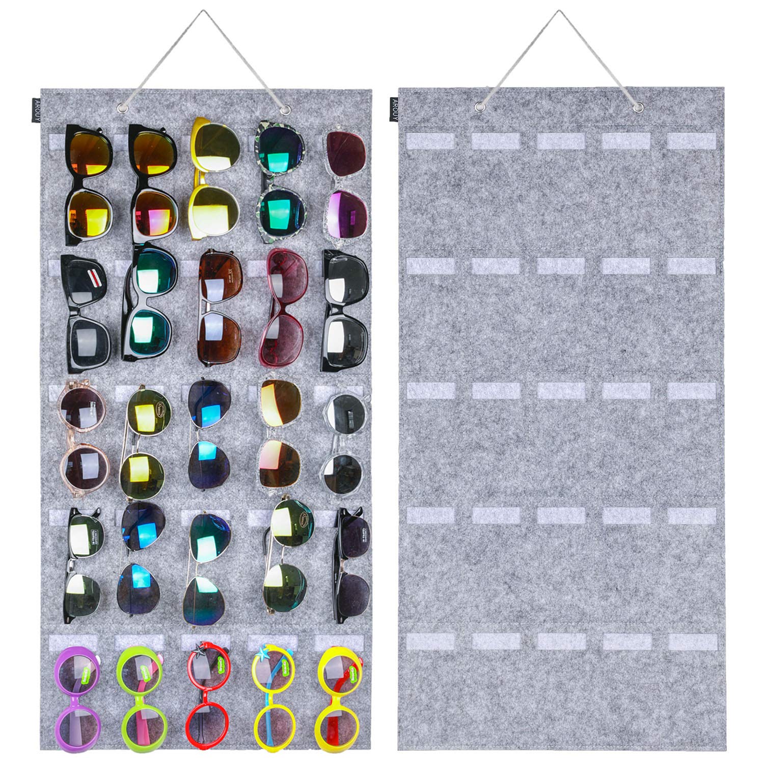 AROUY Hanging Sunglasses Organizer with 25 Felt Slots - Wall Mount Eyeglass Storage Display Holder with Sturdy Rope (Gray, Large) - Perfect for Bedroom, Bathroom, Closet & Retail Store Organization