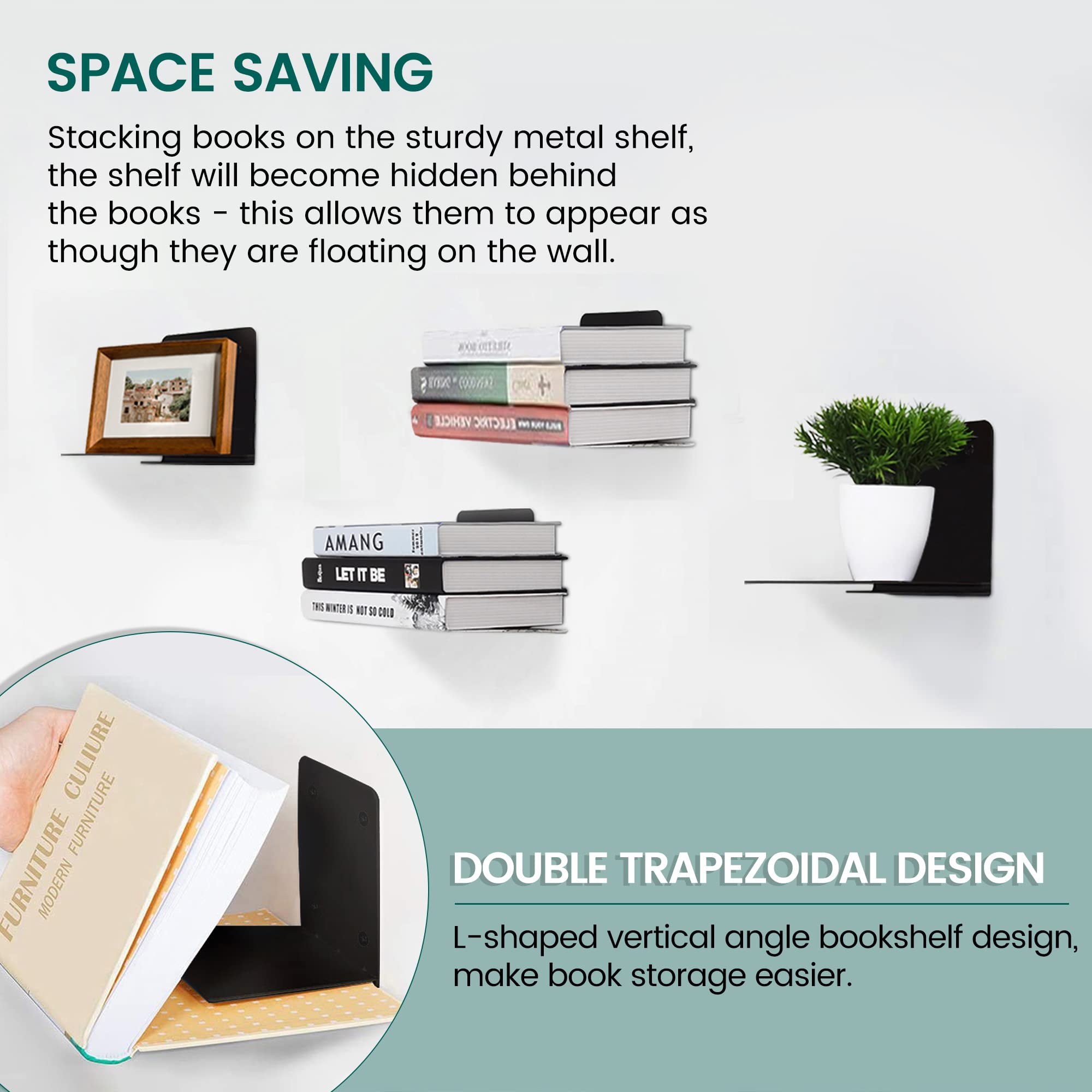 STORAGE MANIAC Floating Bookshelves - Heavy Duty Steel Wall Mounted Invisible Shelves (4-Pack, Black) - Perfect for Bedroom, Living Room & Office Decor - Organize Books, Photos & Decorative Items