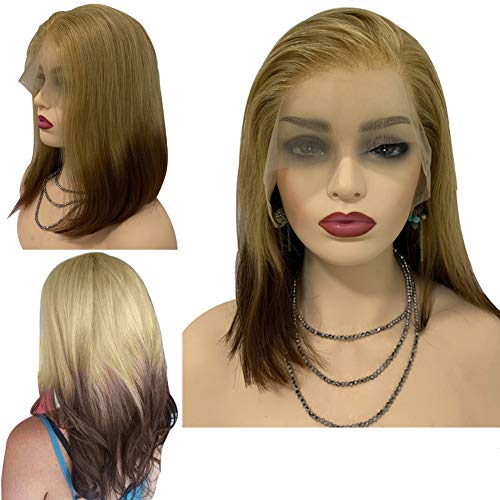 13x6 Brazilian Virgin Human Hair Bob Wig - 14 Inch Short Straight Blonde to Medium Brown Ombre with Bleached Knots & Pre-Plucked Hairline (150% Density) | Perfect for Cosplay, Daily Wear & Fashion Styling