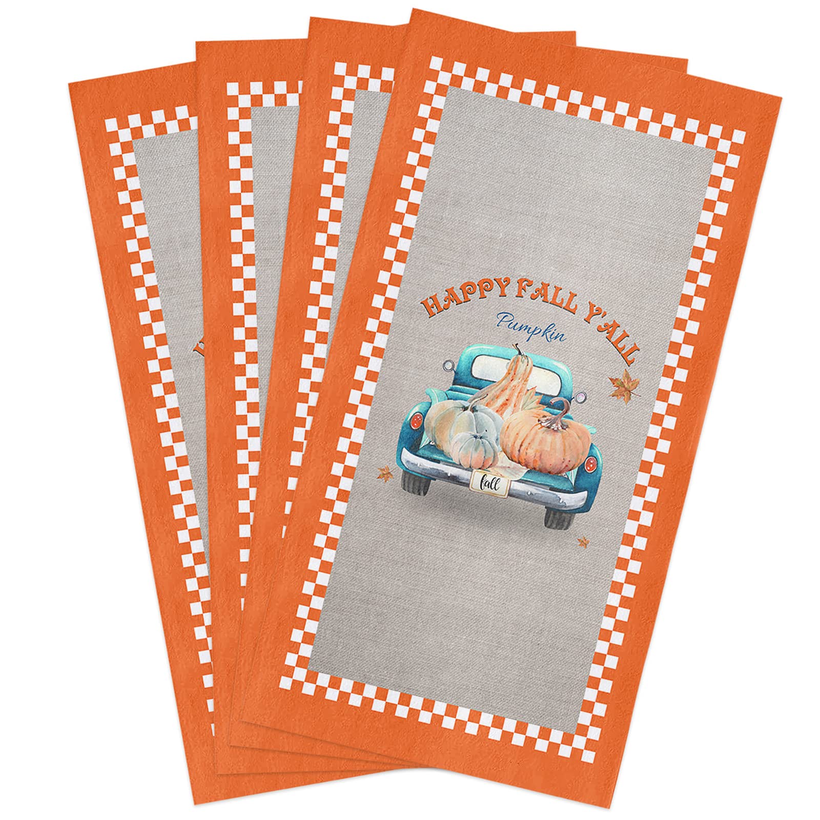 Premium Absorbent Kitchen Dish Towels & Dishcloths Set - Blue Truck Pumpkin Thanksgiving Theme, 18x28 Inches, with Hanging Loop - Perfect for Home Cleaning, Drying Dishes & Holiday Decor (Orange White Plaid Checkered Pattern)