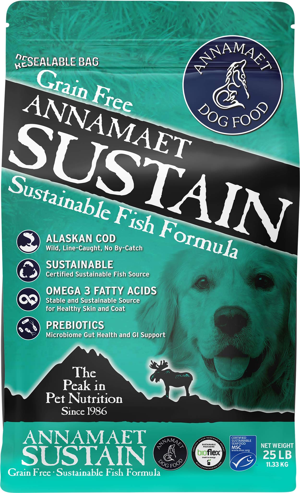 Annamaet Grain-Free Sustain Formula Dry Dog Food - Line-Caught Cod & Free-Range Turkey Recipe, 25 lb Bag - High Protein Nutrition for Active Dogs & Sensitive Stomachs