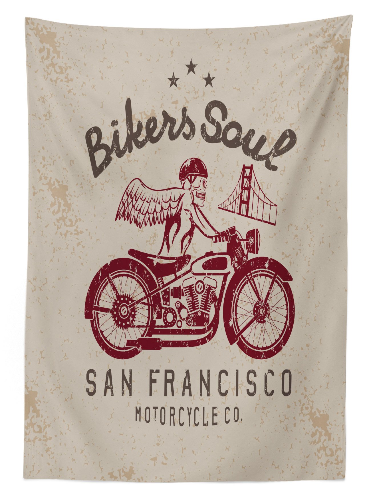 Retro Biker Style Washable Outdoor Tablecloth - San Francisco Emblem with Skull Wings Motorcycle Design, 58x104 Inch Picnic Table Cover for Patio, BBQ, Camping & Outdoor Dining (Beige Ruby)