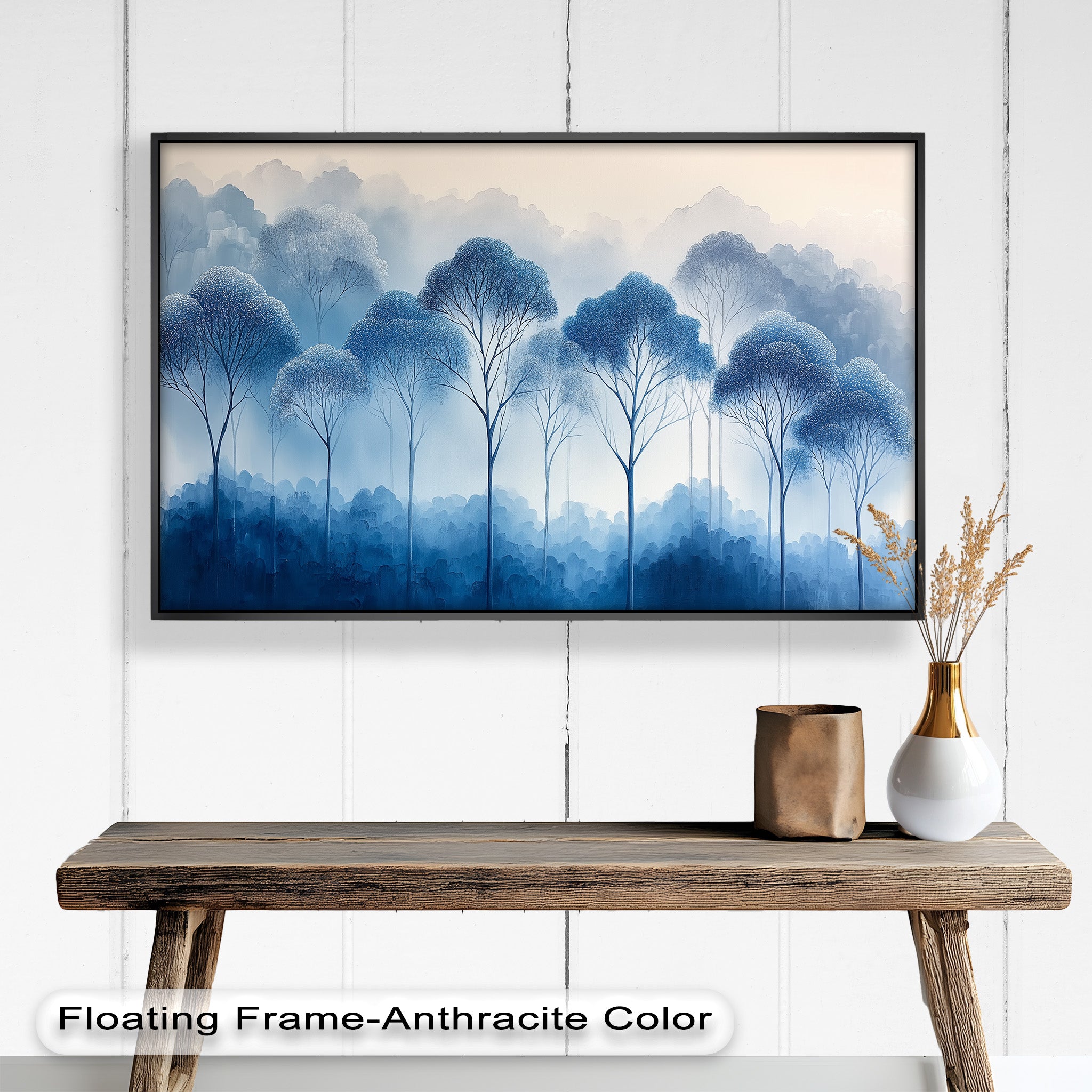 Blue Pine Trees Serene Misty Forest Oil Painting - Handmade Canvas Wall Art for Living Room, Bedroom & Office Decor