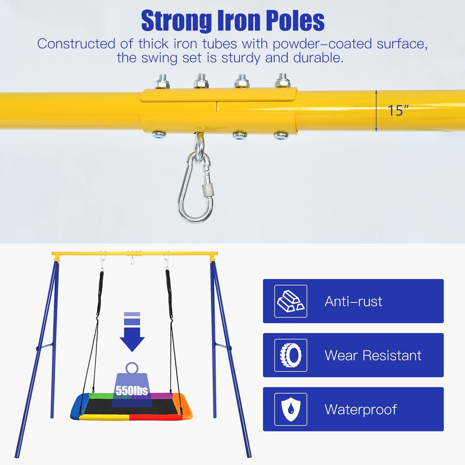 Heavy Duty 550lbs Metal A-Frame Swing Set with 70