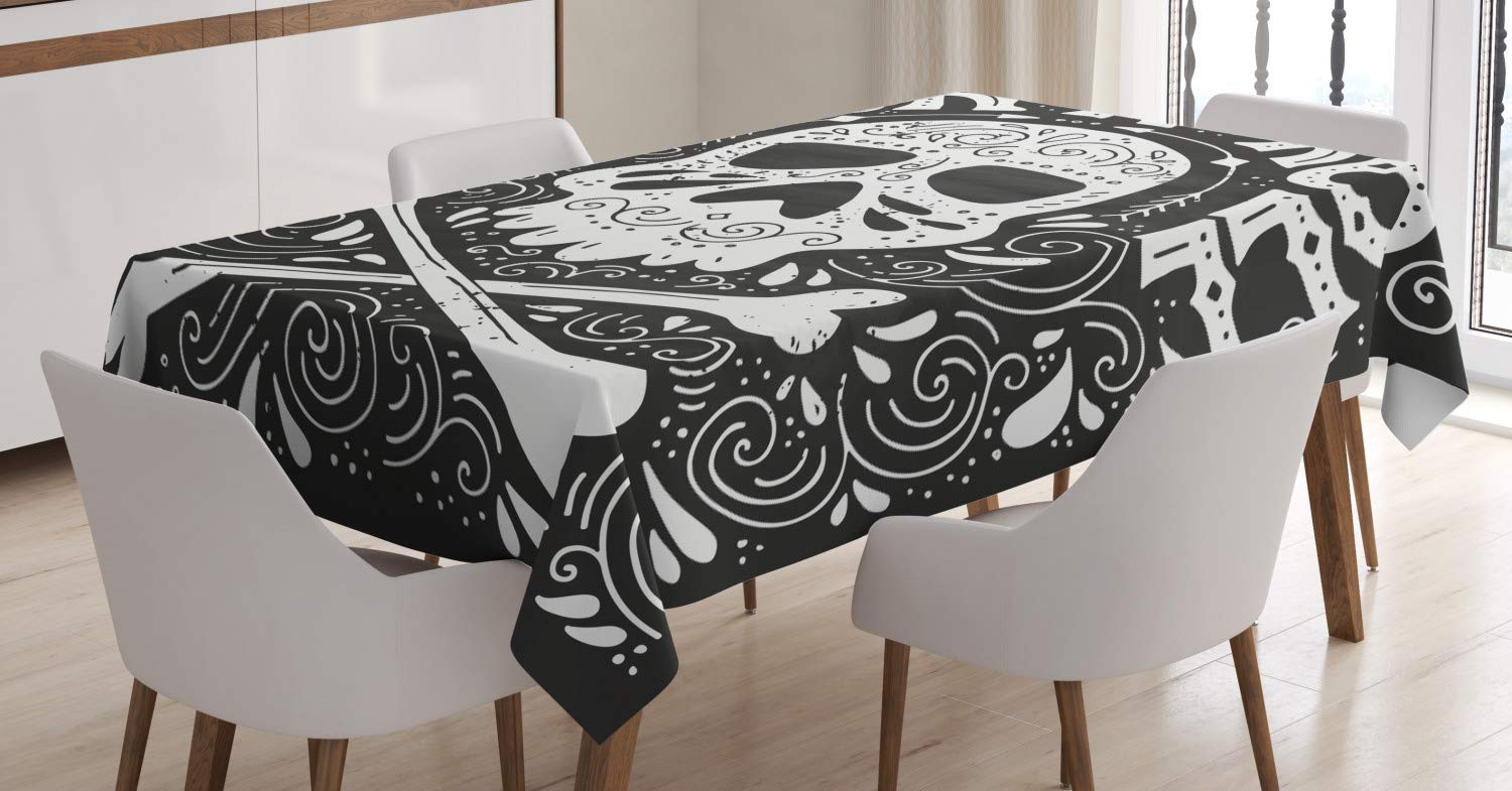Ambesonne Gothic Rock and Roll Tablecloth - Monochrome Skull Bones Design, 52x70 Inch Rectangular Dining Table Cover in Charcoal Grey & White | Perfect for Halloween Parties, Gothic Weddings & Rock Themed Decor