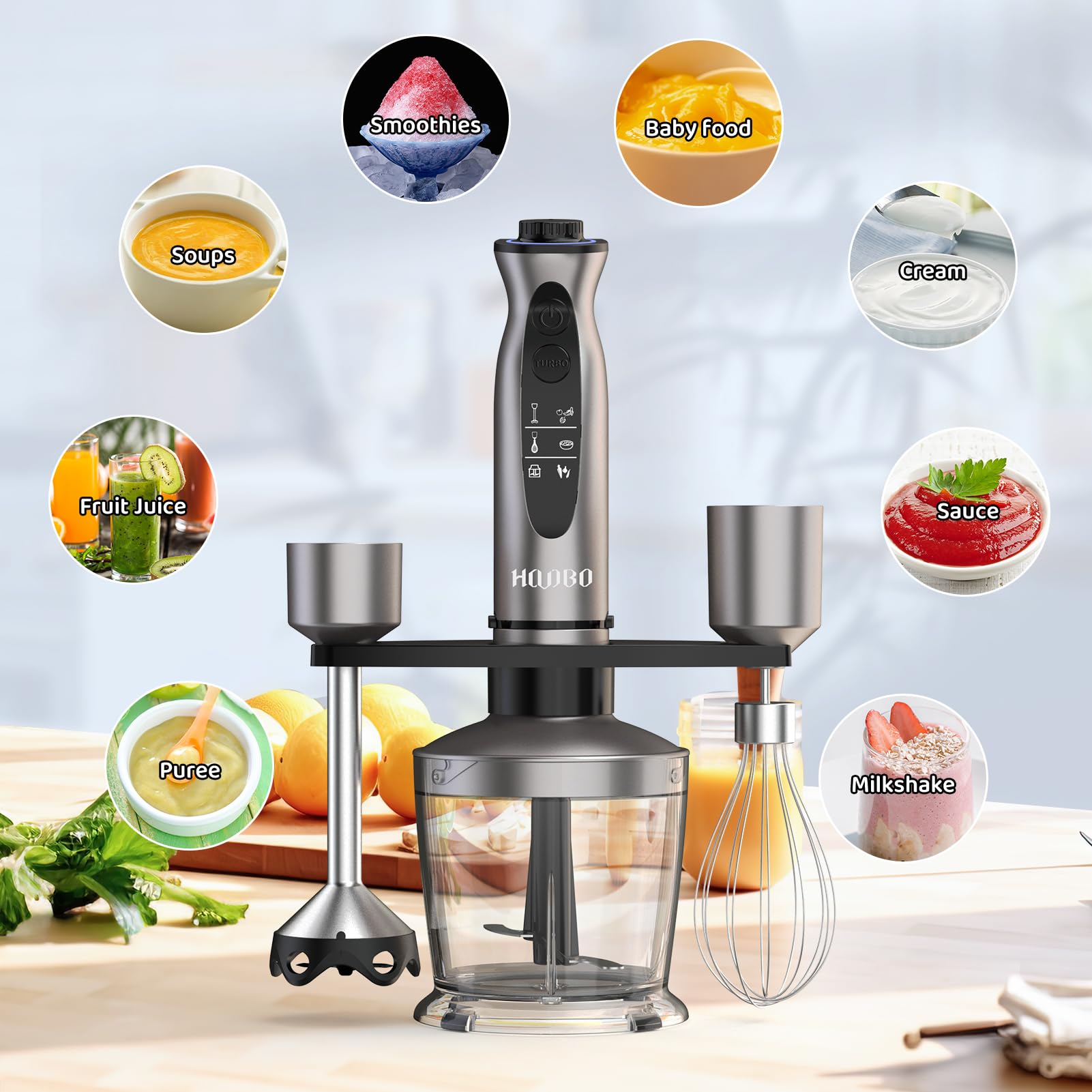 **1000W Powerful Immersion Blender Handheld - Variable Speed & Turbo Mode, Low-Noise, Scratch-Resistant - Includes Beaker, Chopper & Whisk - Perfect for Smoothies, Soups, Sauces & Milk Frothing**