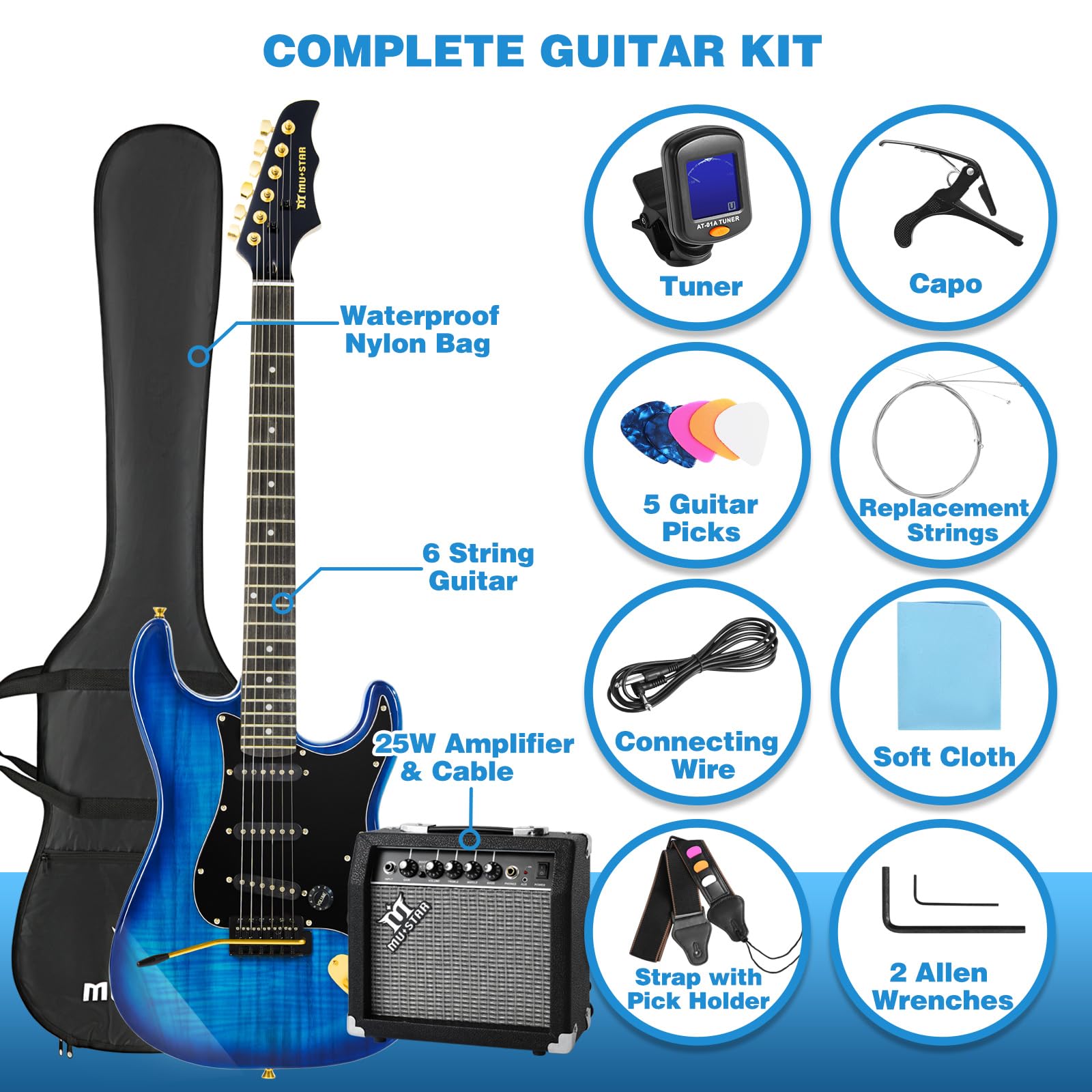 MUSTAR 39 Inch Full Size Solid Wood Electric Guitar Kit for Beginners - Includes 25W Amplifier, Gig Bag, Digital Tuner, Capo, Strap, Cable & Picks (Blue) - Perfect for Home Practice, Studio Recording & Live Performances
