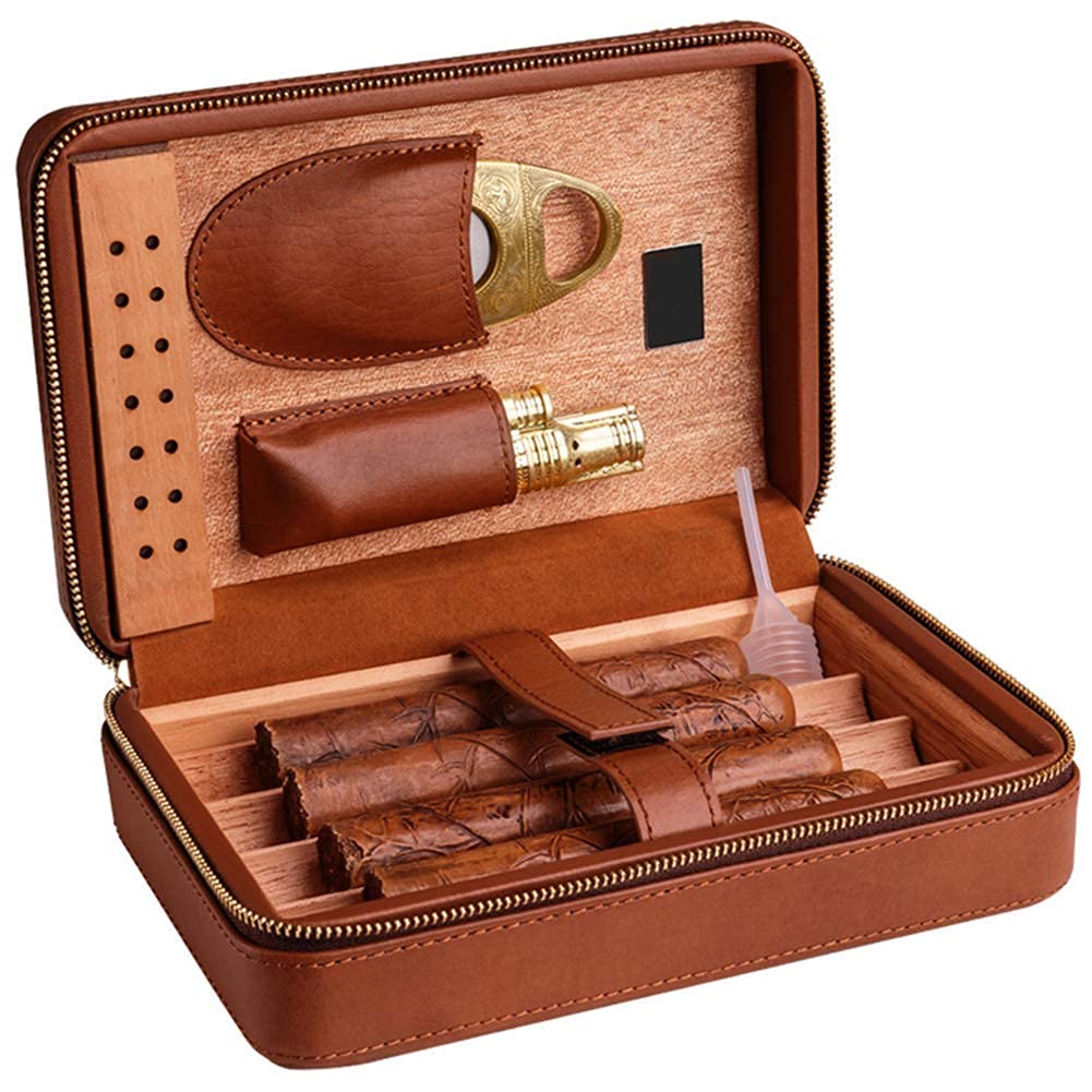Premium Spanish Cedar Cigar Humidor Box - Handcrafted Moisturizing Travel Case with Zipper Design, Holds 4 Cigars - Perfect for Cigar Lovers, Business Gifts & Outdoor Adventures