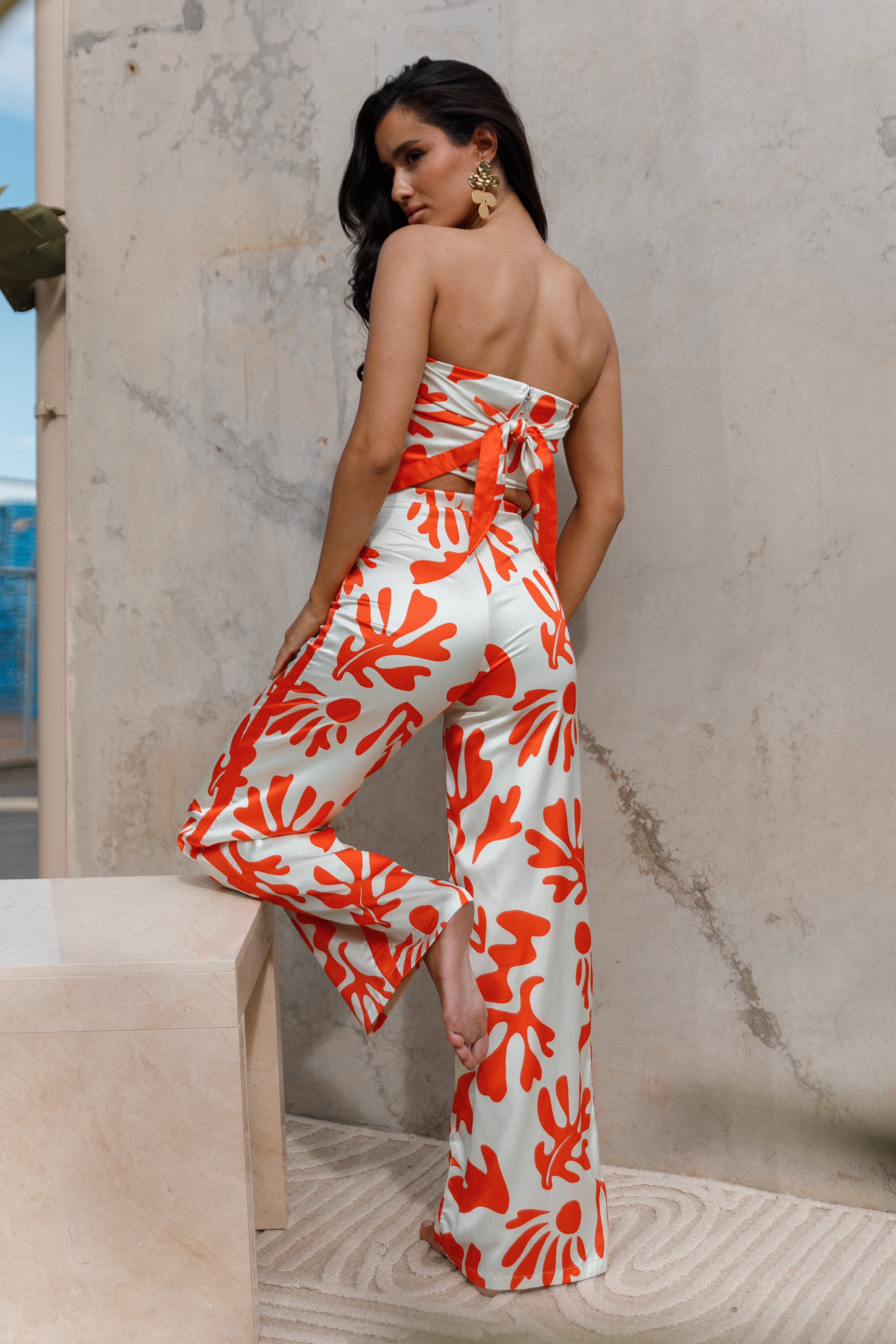 Akeli Scarf Top - Orange Botanica Print Women's Fashion Blouse | Boho Chic Tunic for Casual Wear, Beach Outfits & Summer Vacation