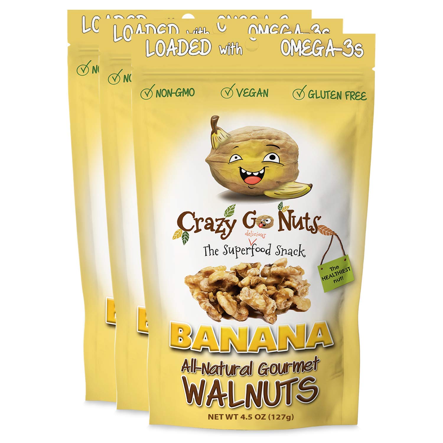 Crazy Go Nuts Banana Flavored Walnuts - 4.5 oz (3-Pack) | Healthy Vegan Snacks, Gluten Free Superfood | Non-GMO, Rich in Omega 3, ALA & Antioxidants | Perfect for On-the-Go, Office & Post-Workout Nutrition