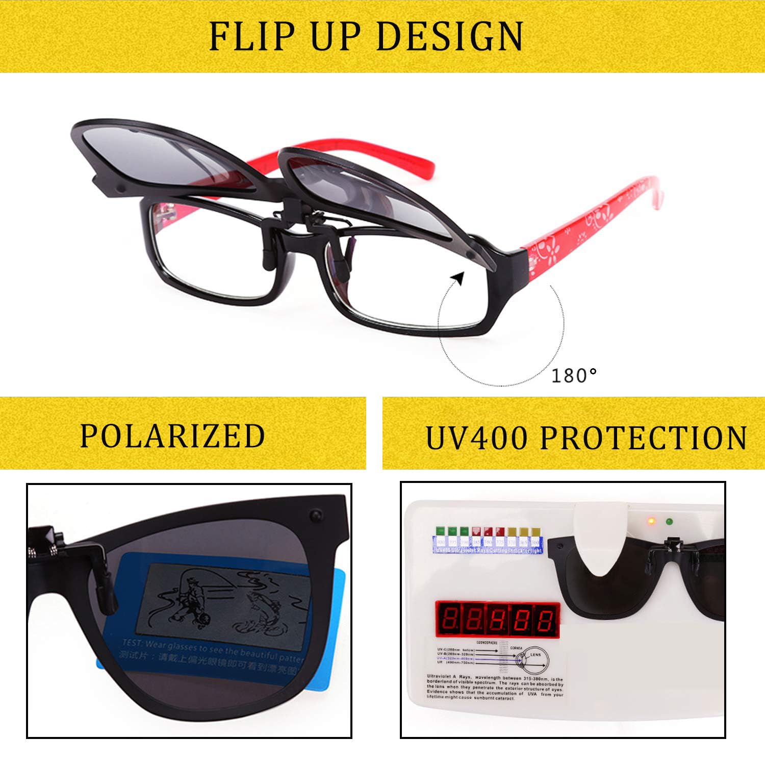 Polarized Clip-On Sunglasses for Prescription Glasses - Anti-Glare UV Protection Flip-Up Sun Shades for Driving, Fishing & Outdoor Activities