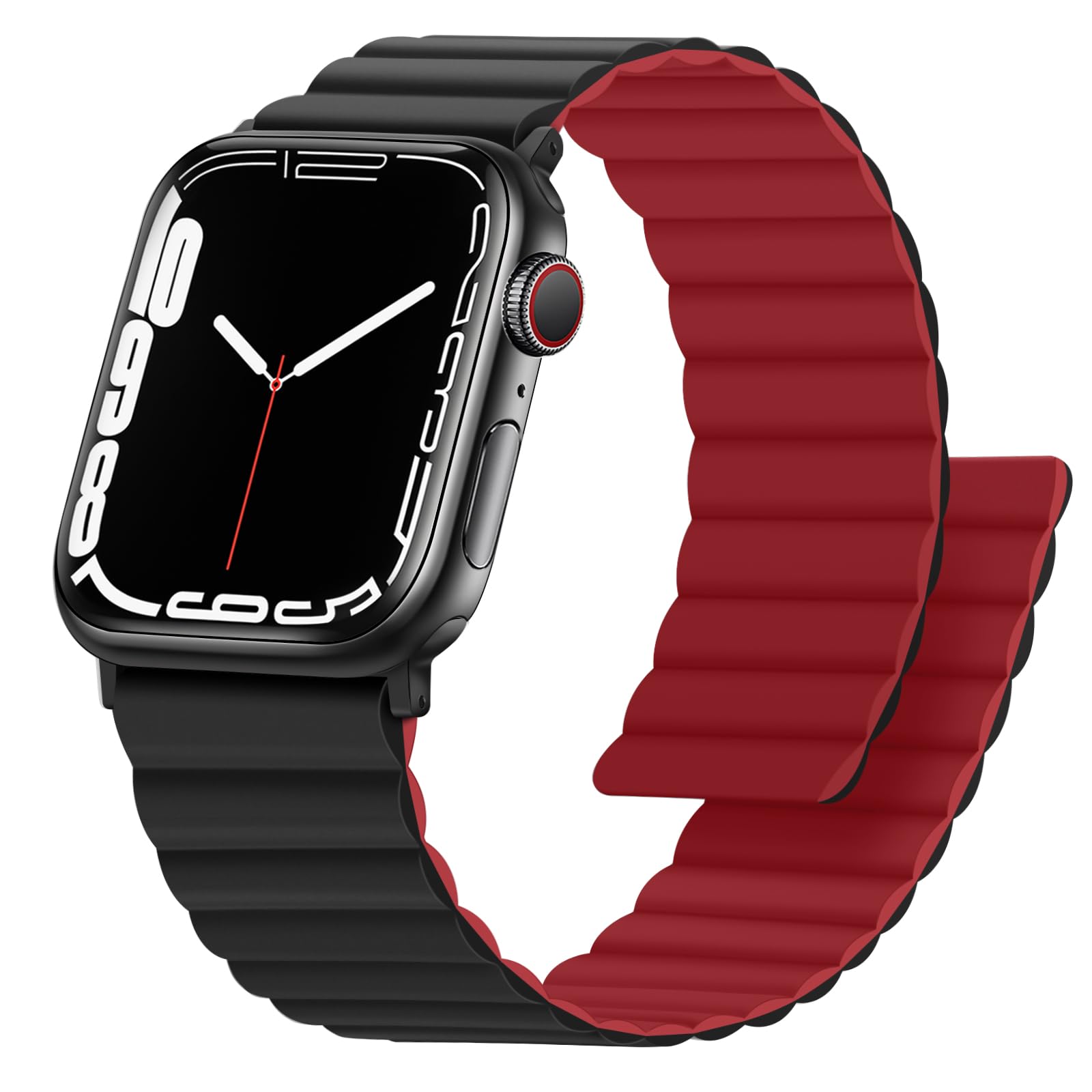 **Anlinser Magnetic Apple Watch Band Compatible with Series 10/9/8/7/SE/Ultra 2 (49/46/45/44/42/41/40mm) - Reversible Double-Side Strap with Loop - Red/Black - Perfect for Workouts, Running & Everyday Wear**