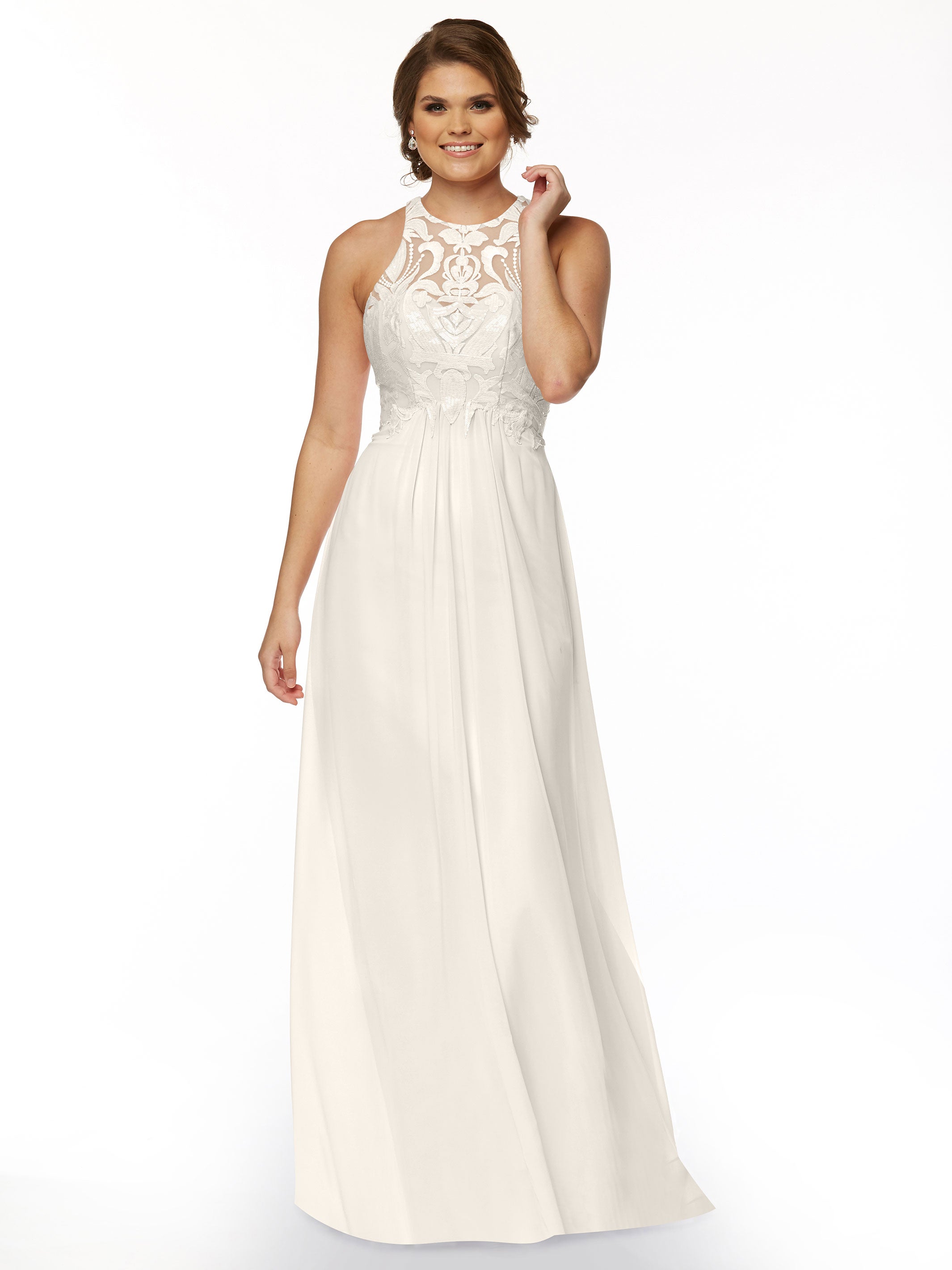 Elegant 80084 Chiffon A-Line Bridesmaid Dress with Sequin Halter Bodice - Perfect for Weddings, Parties & Formal Events