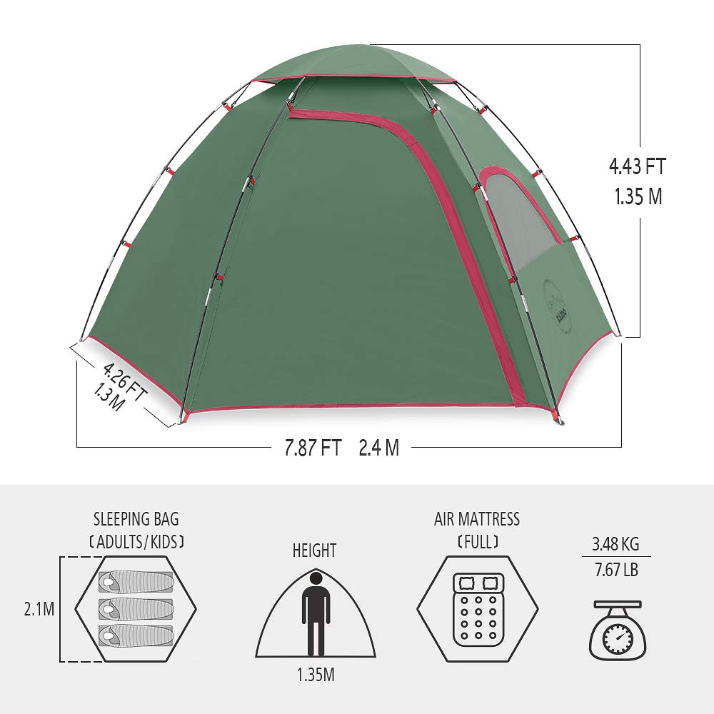 KAZOO 2/4 Person Waterproof Camping Tent - Easy Setup Lightweight Backpacking Tent with Sun Shade for Outdoor Adventures, Hiking & Family Camping Trips