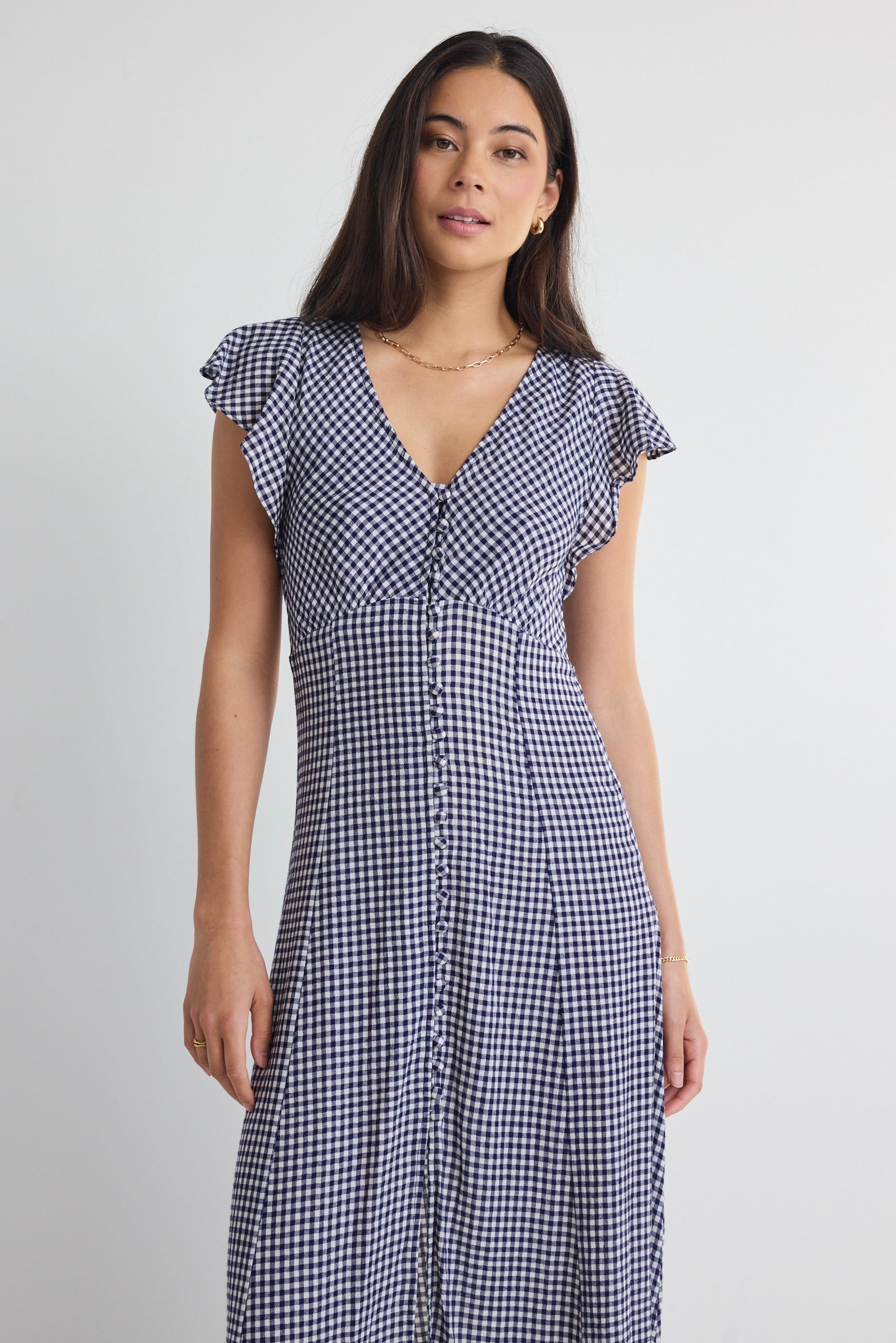 Flawless Navy Gingham Fluted Sleeve Button Front Midi Dress for Women - Elegant Summer Office Wear & Garden Party Outfit