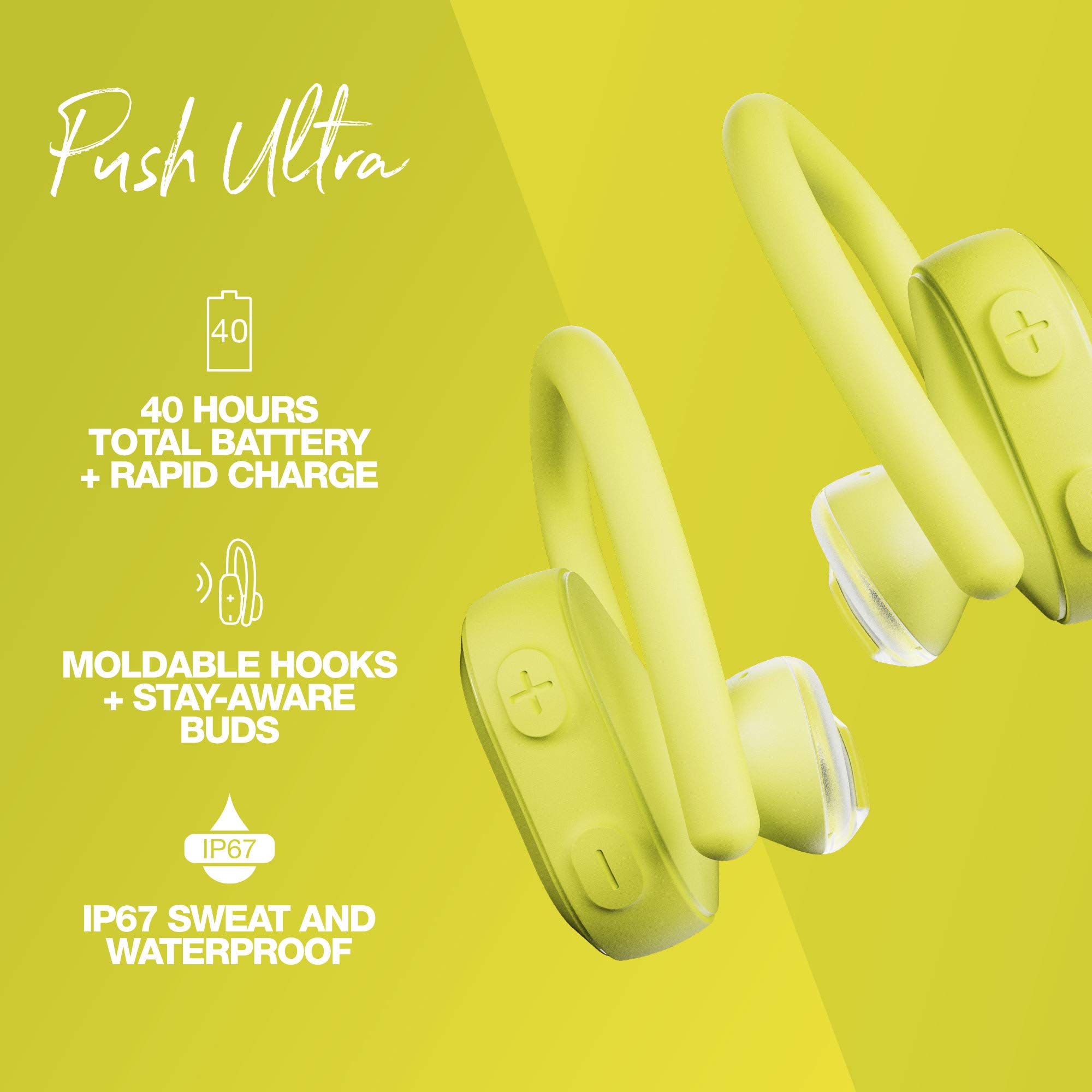 Skullcandy Push Ultra True Wireless Earbuds - Bluetooth 5.2, 34H Battery, IP55 Waterproof, Noise Isolation (Electric Yellow) for Gym, Running, Workouts & Travel - Model S2BDW-N746