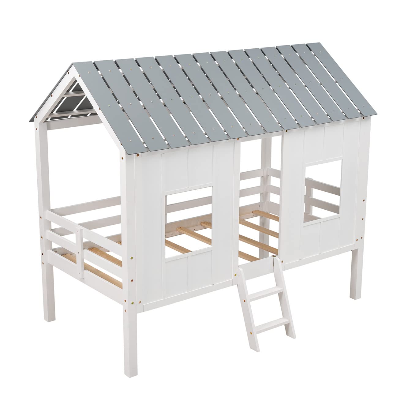 i-POOK Twin Size Low Loft Bed Frame with Roof & Window - Solid Wood House Loft Bed with Ladder, Safety Guardrail & Under Bed Storage - No Box Spring Needed - Perfect for Kids Bedroom, Small Spaces & Dorm Rooms (White)