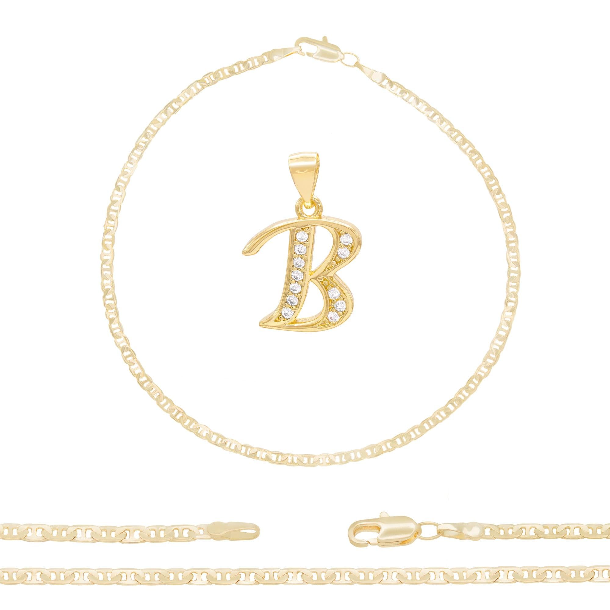 BEBERLINI 14K Gold Filled Letter CZ Charm Initial Anklet for Women - Dainty Mariner Chain Ankle Bracelet Jewelry - Perfect for Everyday Wear, Gifts & Special Occasions