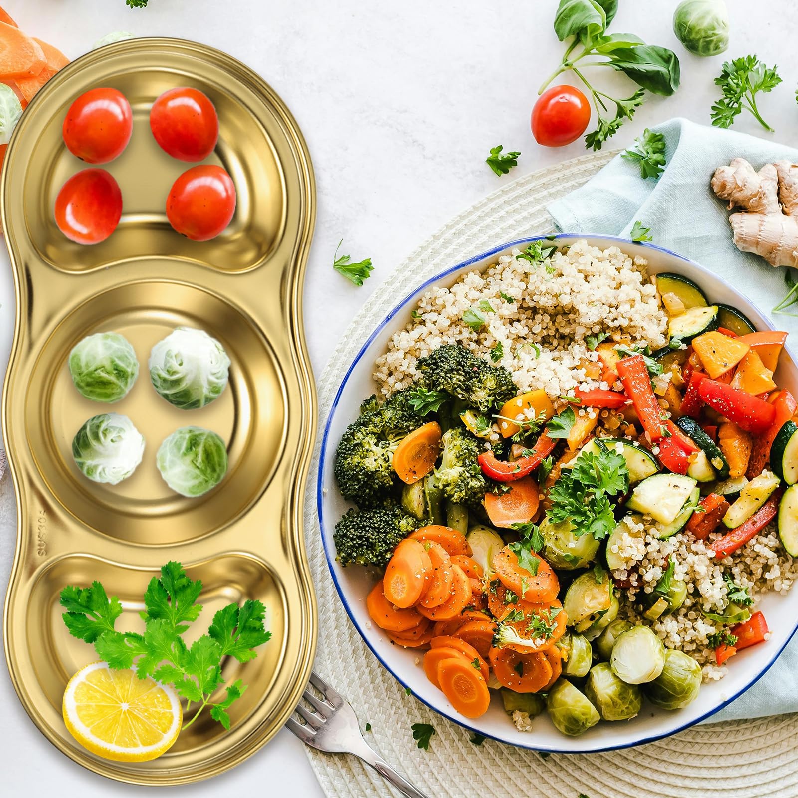 6-Pack Stainless Steel Divided Dipping Bowls with 3 Compartments - Gold Metal Condiment Serving Trays for Home, Party, Restaurant, Picnic & Travel - Perfect for Sauces, Dips, Snacks and Seasonings