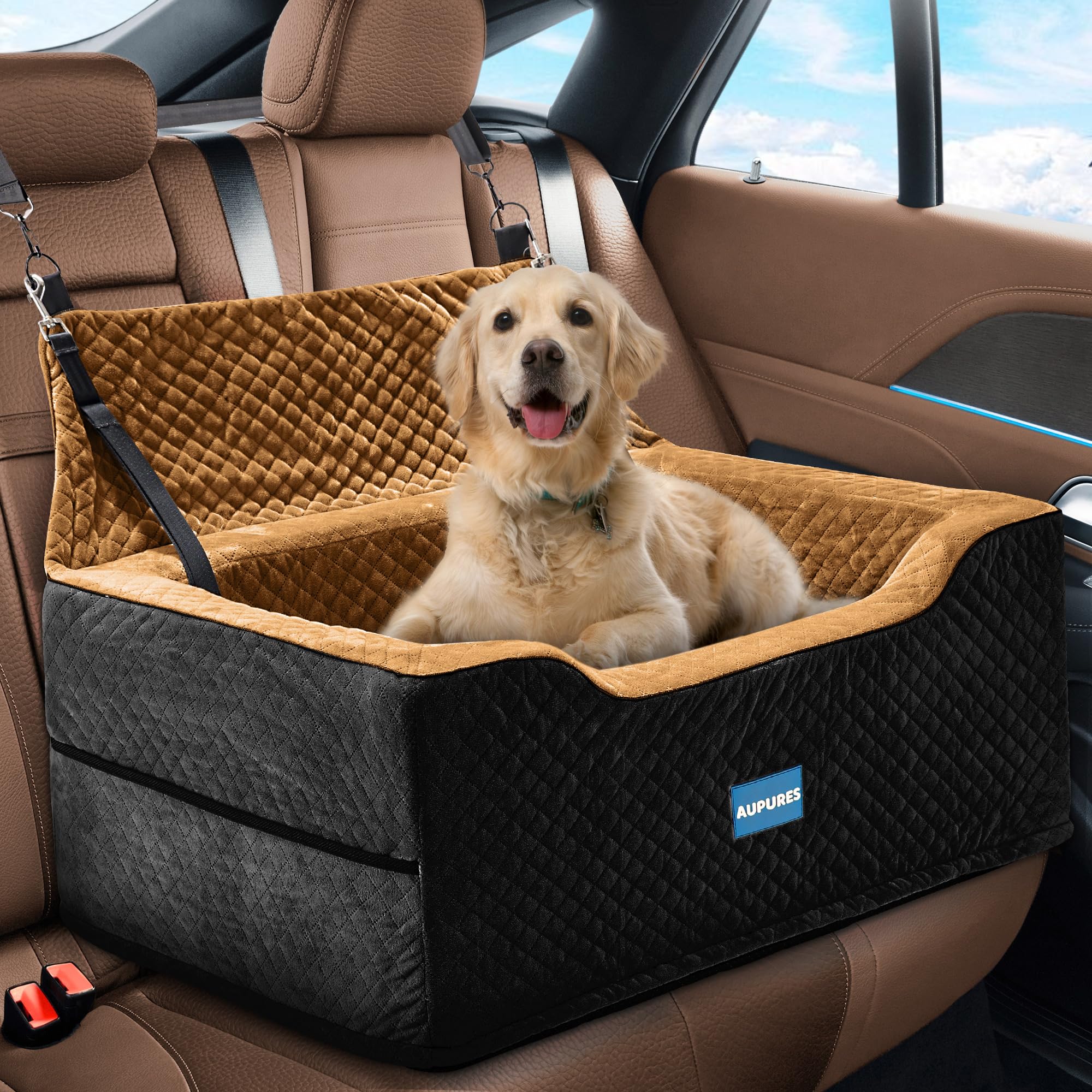 Premium Dog Car Seat for Large & Medium Dogs Up to 55 lbs - Adjustable Height Pet Booster Seat for Small Dogs - Soft Fabric Carrier (Black/Brown) - Perfect for Road Trips & Daily Commutes