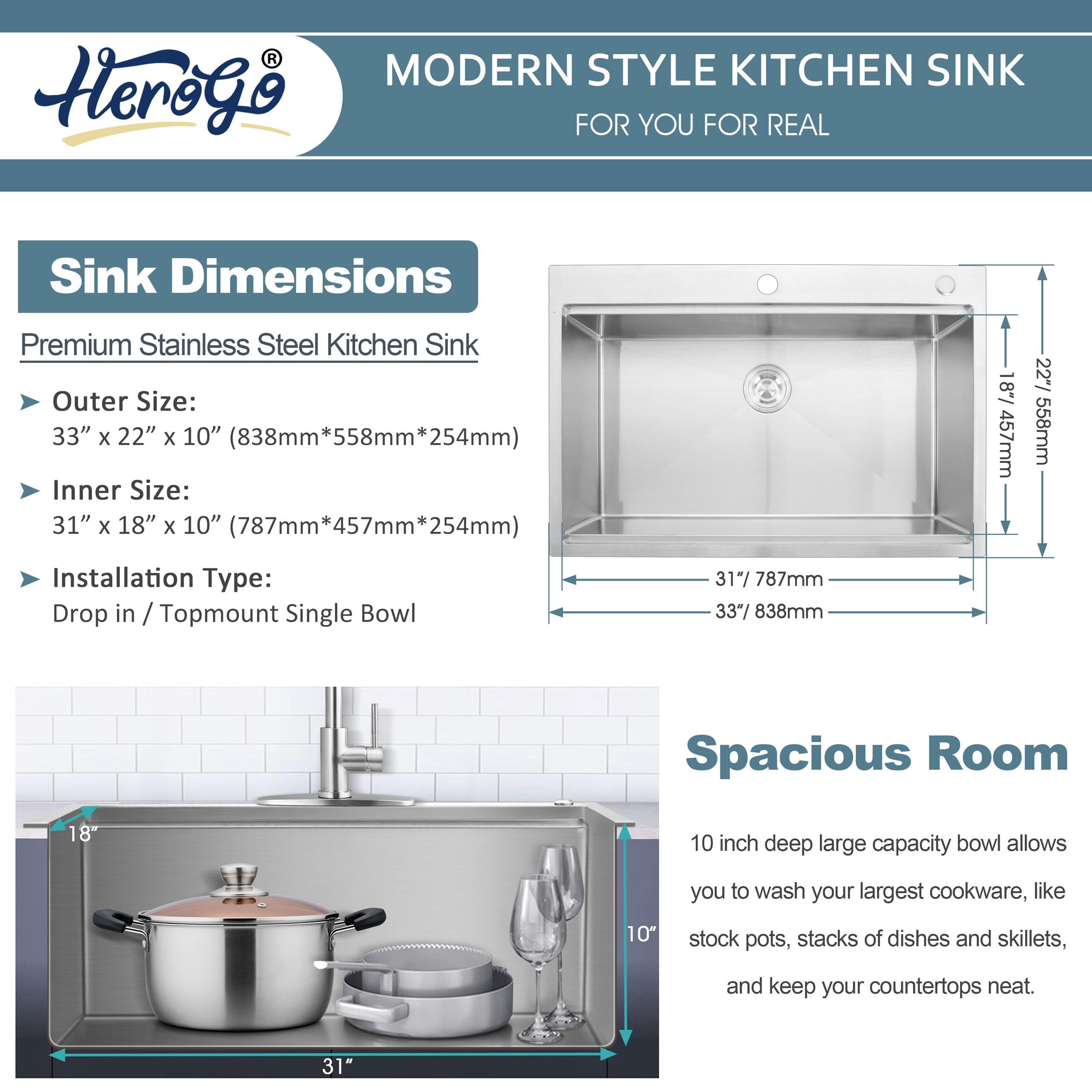 33x22 Inch Drop-In Kitchen Sink - Herogo 10