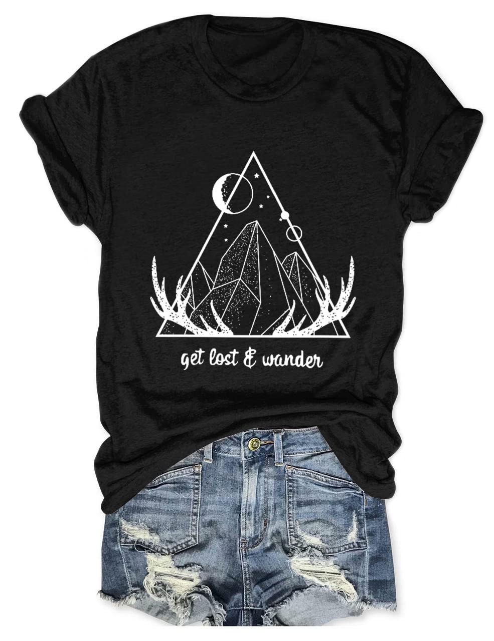 Funny Elk Antlers Graphic Tee for Women - The Mountain Casual Loose Fit Short Sleeve T-Shirt - Perfect for Workouts, Outdoor Adventures & Everyday Wear