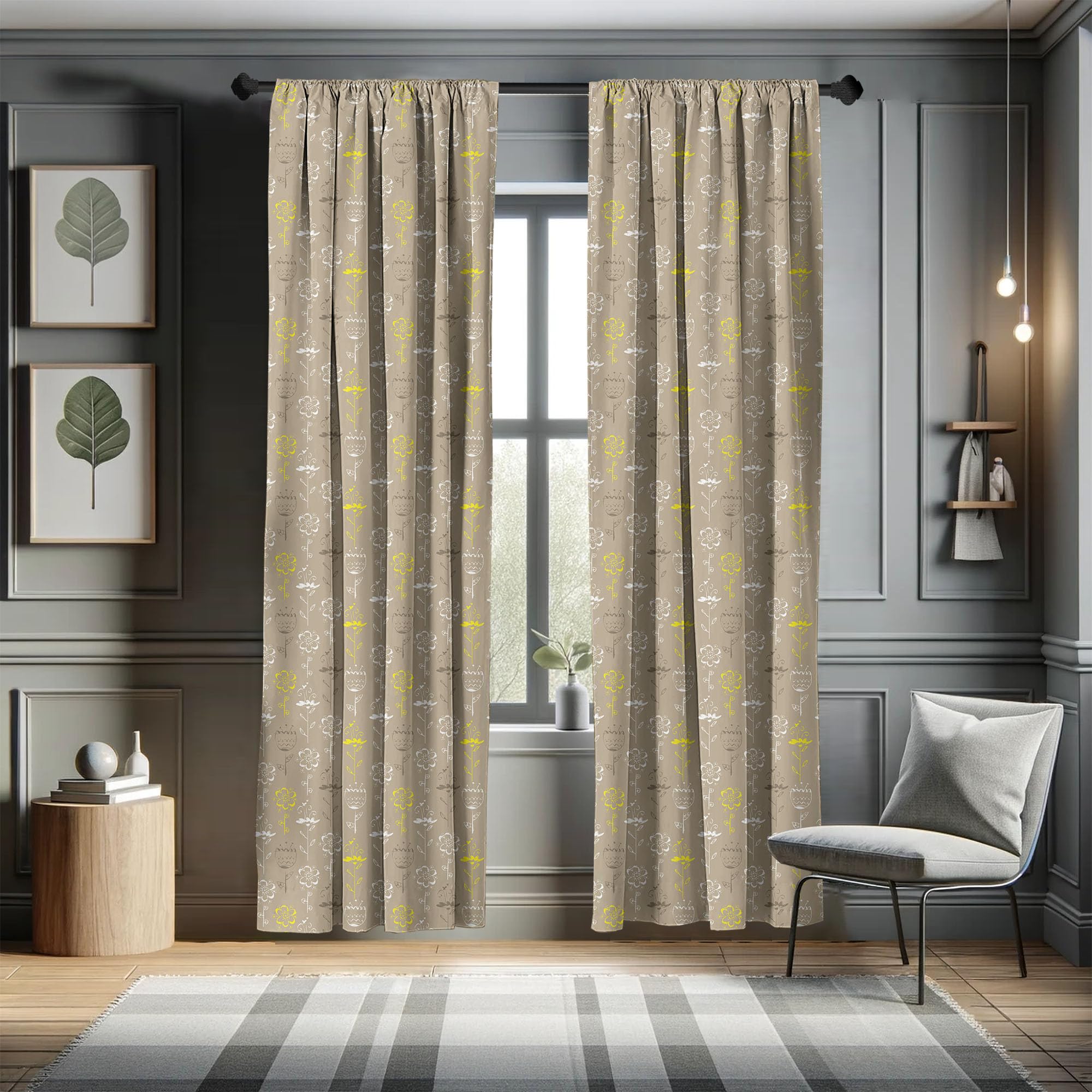 Ambesonne Grey and Yellow Window Curtains - Hand Drawn Tulips Flowers Leaves Butterflies Art - Lightweight Blackout Curtains 2-Panel Set with Rod Pocket (28
