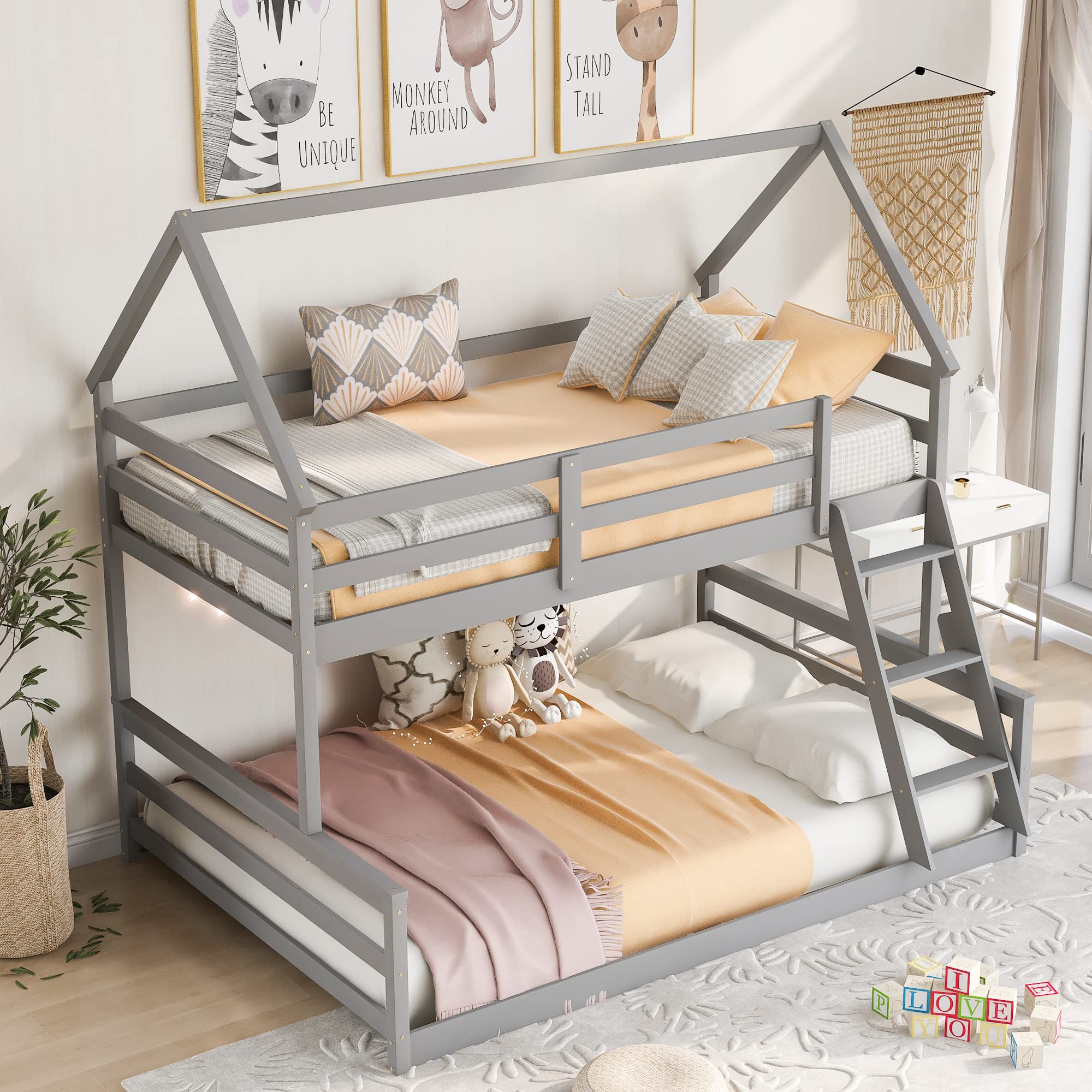 Low Bunk Bed Twin Over Full with Built-in Ladder - Sturdy Wooden Bunk Bed Frame for Kids & Teens in Gray | Perfect for Small Bedrooms, Guest Rooms & Vacation Homes