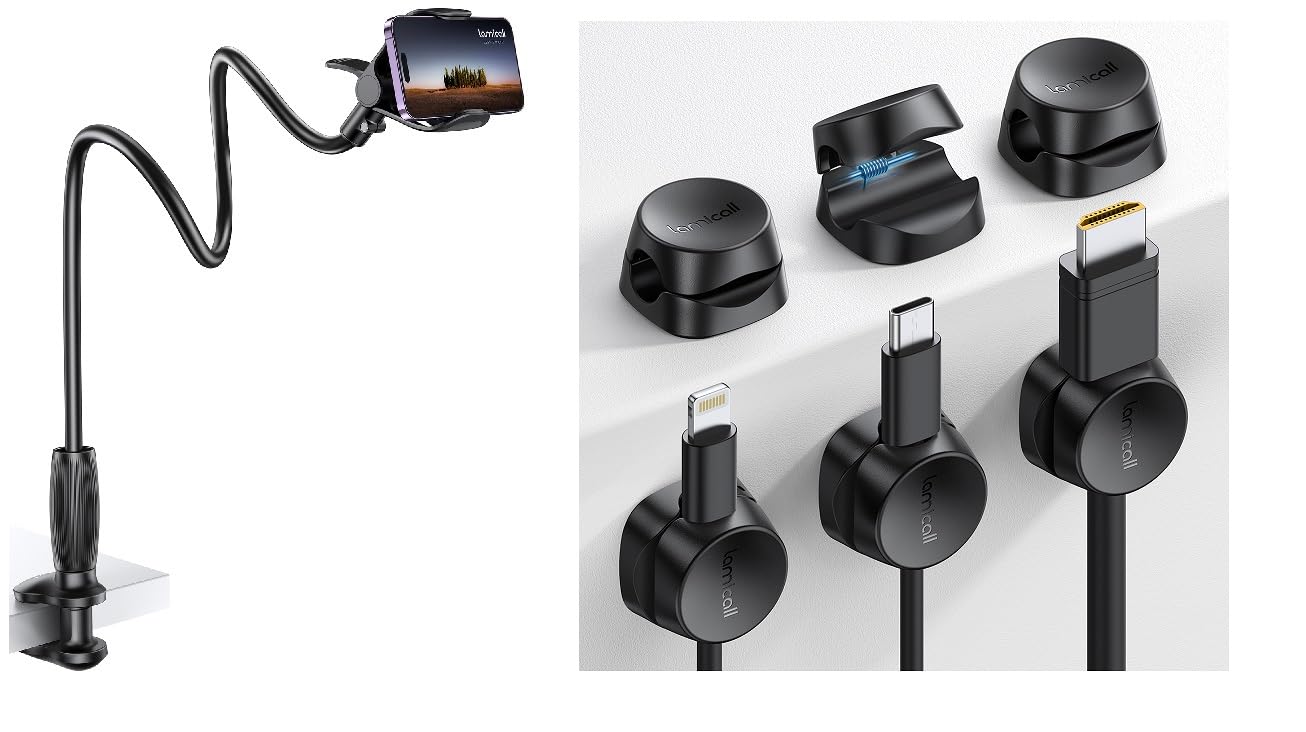 Lamicall Adjustable Gooseneck Phone Holder with 1-Second Lock Spring Cord Clips - Flexible Stand for iPhone, Samsung, Tablets - Perfect for Bed, Desk, Car & Office Use