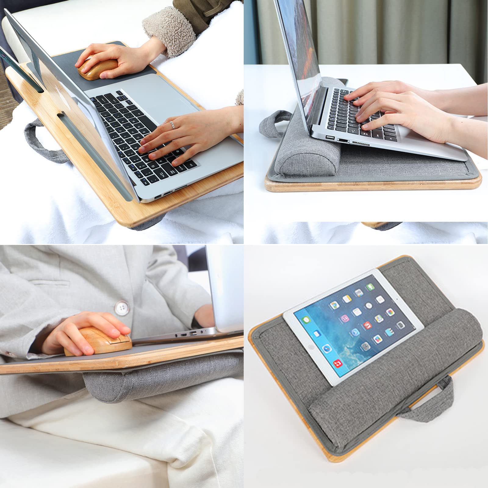 SUMISKY Portable Bamboo Laptop Lap Desk with Cushion - Oversized 17-Inch Laptop Stand with Handle, Tablet Support, Phone Holder & Mouse Pad - Perfect for Working on Sofa, Bed or Floor