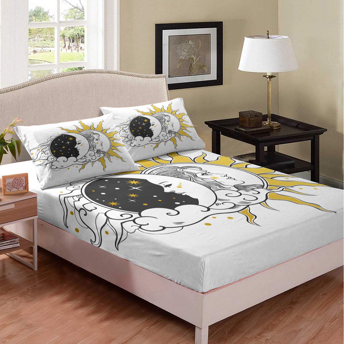 Exotic Style Sun and Moon Fitted Sheet Set - Twin XL Size Boho Vintage Bedding with Starry Sky Design, Deep Pocket Sheets for Adults & Teens (1 Fitted Sheet + 2 Pillowcases) - Perfect for Bohemian Bedroom Decor, Dorm Room Essentials & Cozy Sleep Retreats