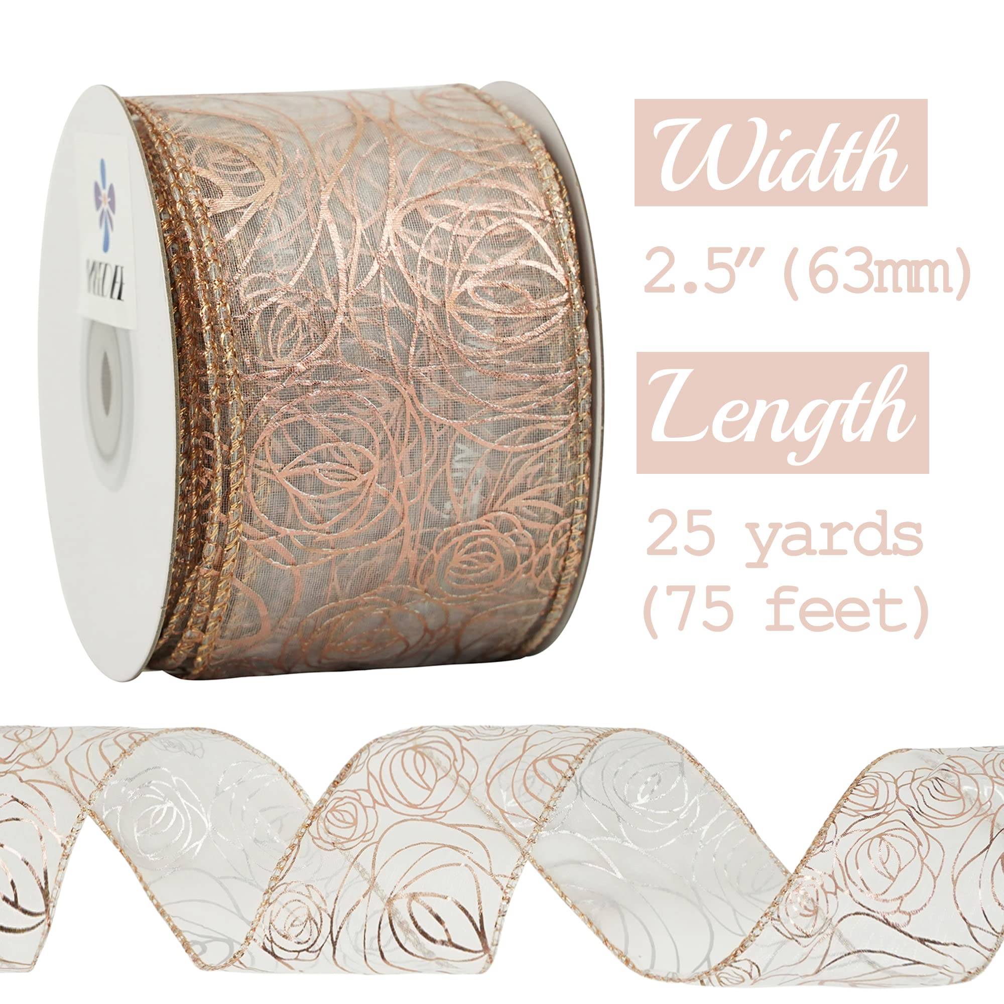 MEEDEE Floral Rose Wired 2.5 Inch Rose Gold Organza Sheer Ribbon - 25 Yards Roll for Wedding Bouquets, Crafts, Valentine Bow Making, Gift Wrapping & Home Decor (Pink) - Perfect for DIY Projects, Party Decorations & Bridal Accessories
