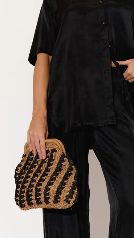 Eadie Crochet Weave Framed Clutch Handbag - Black & Natural Crossbody Purse for Women | Perfect for Evening Parties, Weddings & Special Occasions