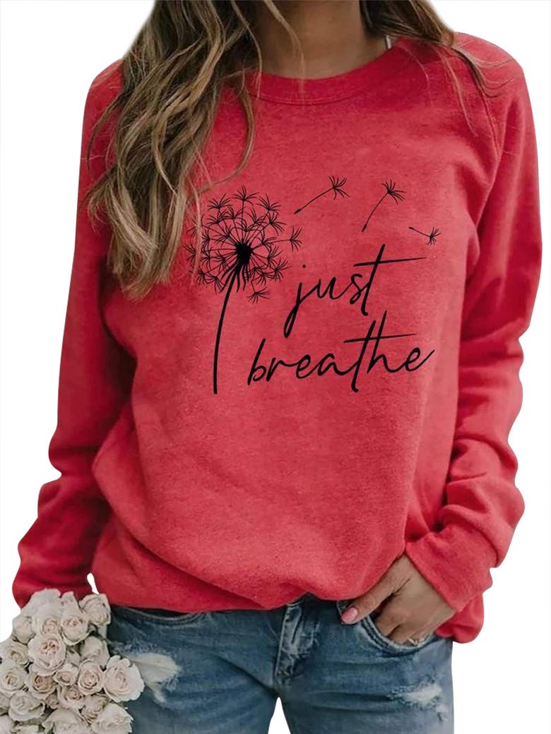 Ezcosplay Women's Dandelion Graphic T-Shirt - Just Breathe Letter Print Long Sleeve Sweatshirt - Casual Streetwear for Everyday Comfort & Yoga Outfits