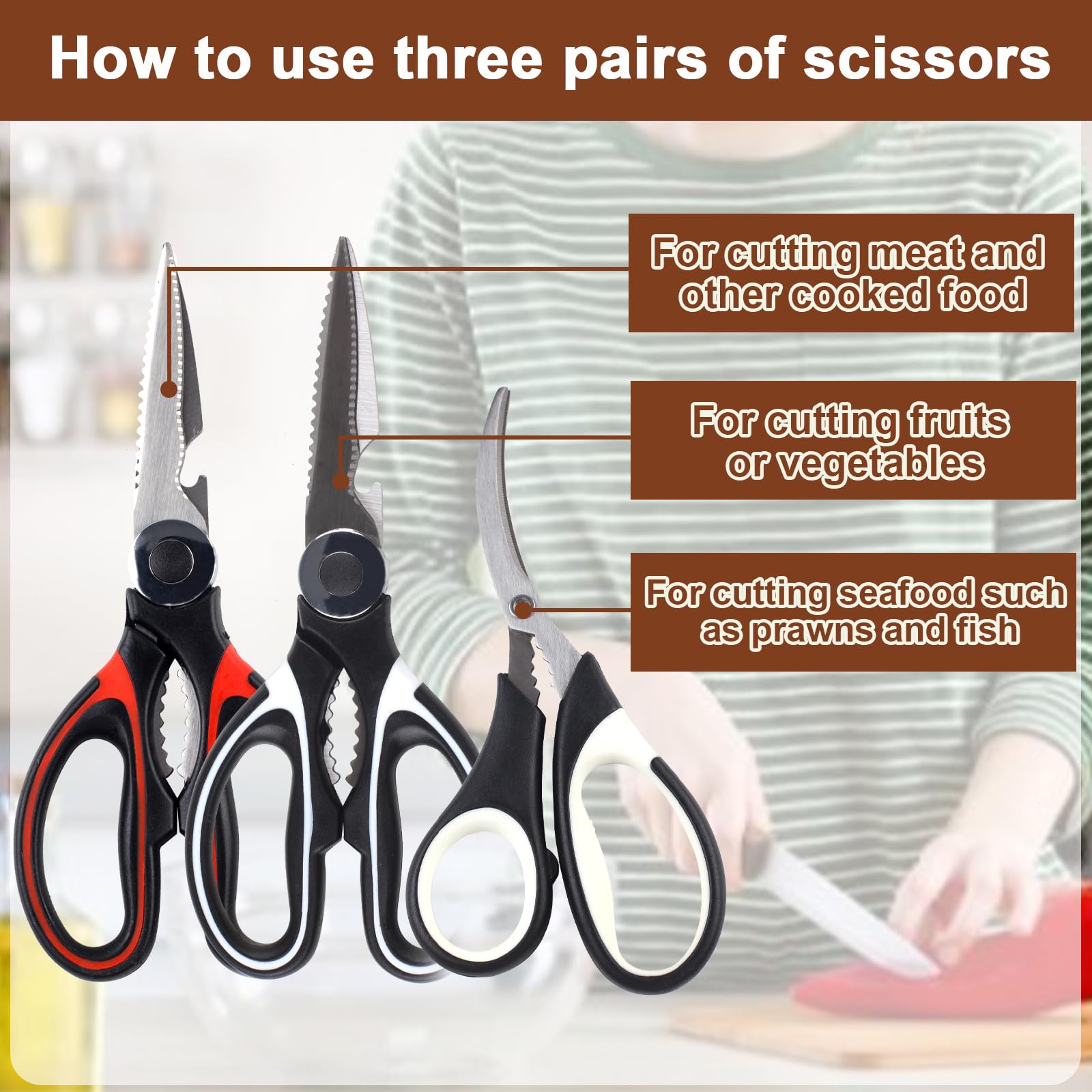 Premium PECULA Kitchen Scissors Set of 3 - Heavy Duty Food Shears for Cutting Meat, Poultry, Fish, Herbs & More - Multipurpose Cooking Scissors for Professional Chefs & Home Kitchen Use