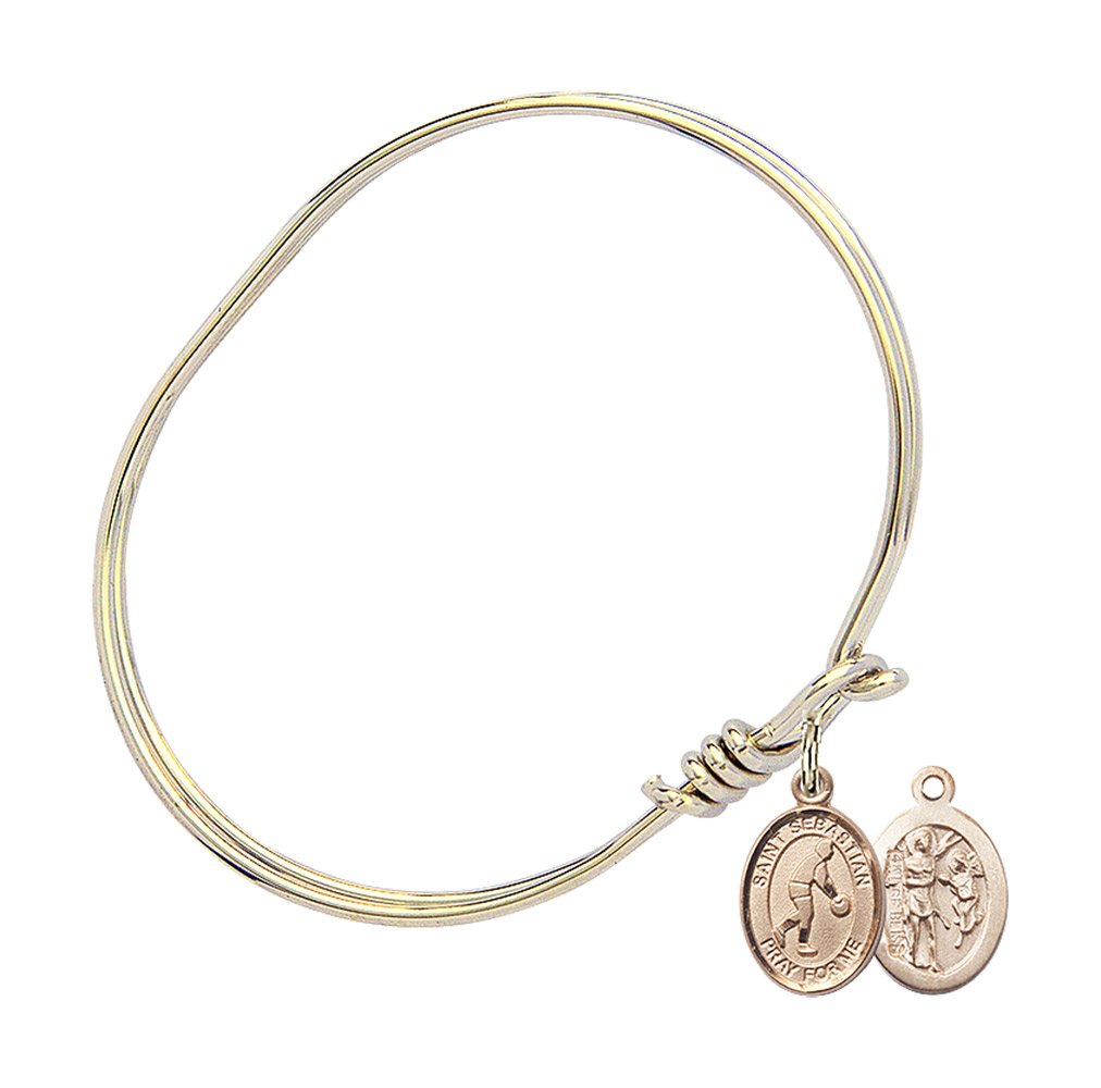 Gold-Filled Oval Eye Hook Bangle Bracelet with St. Sebastian & Basketball Charm - Perfect for Sports Fans & Religious Jewelry Lovers