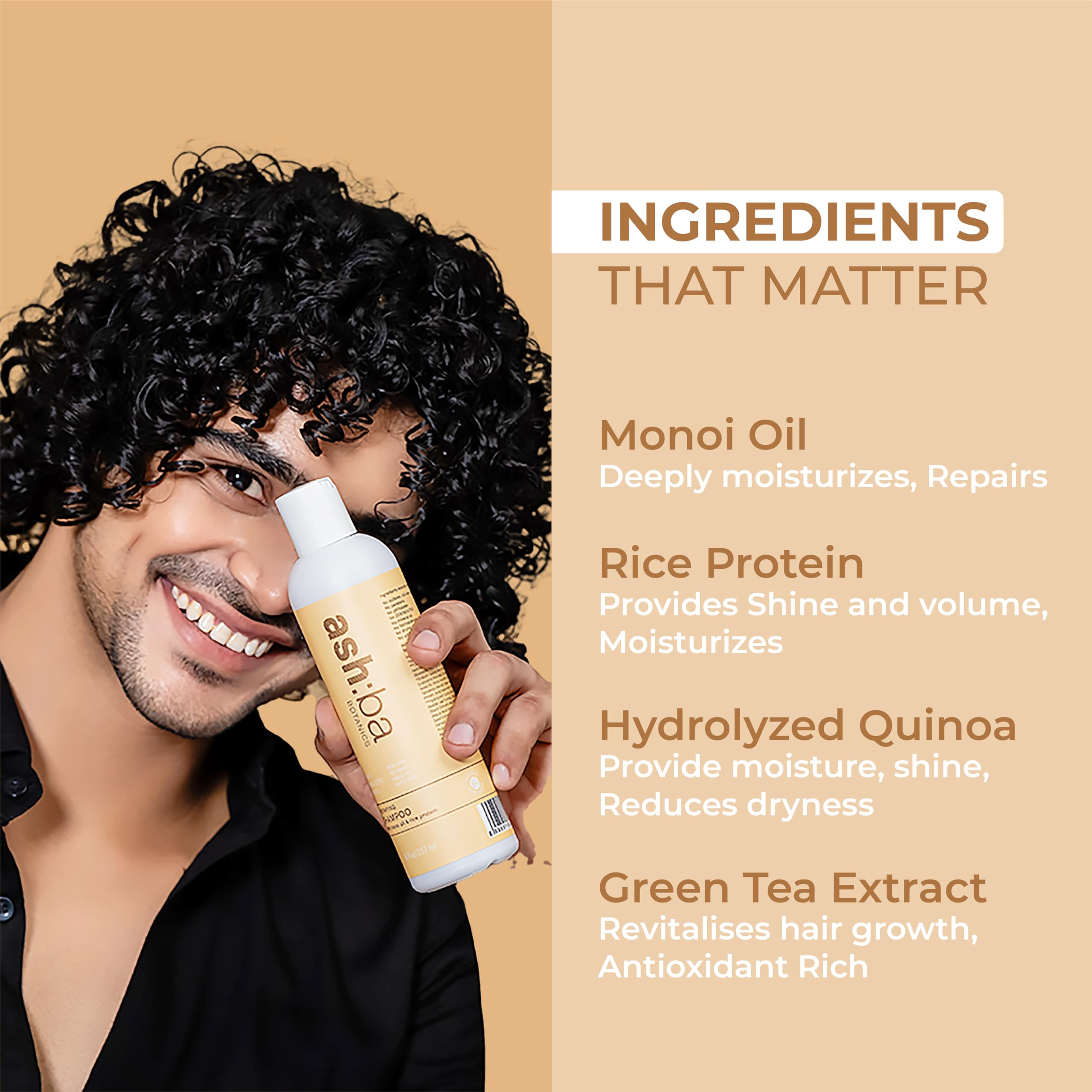 Ashba Botanics Hydrating Shampoo for Dry, Frizzy, Curly & Wavy Hair - Sulfate & Paraben Free with Green Tea, Shea Butter, Rice & Quinoa Protein | Gentle Cleansing & Scalp Soothing Formula | Perfect for Daily Hair Care & Hydration - 50ml